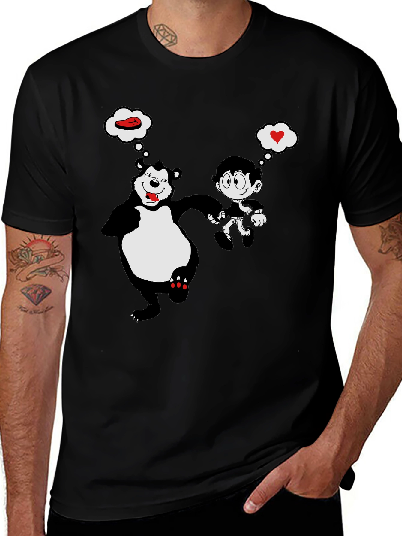 Variant 4 of Cartoon Bear & Boy Graphic Black T-Shirt