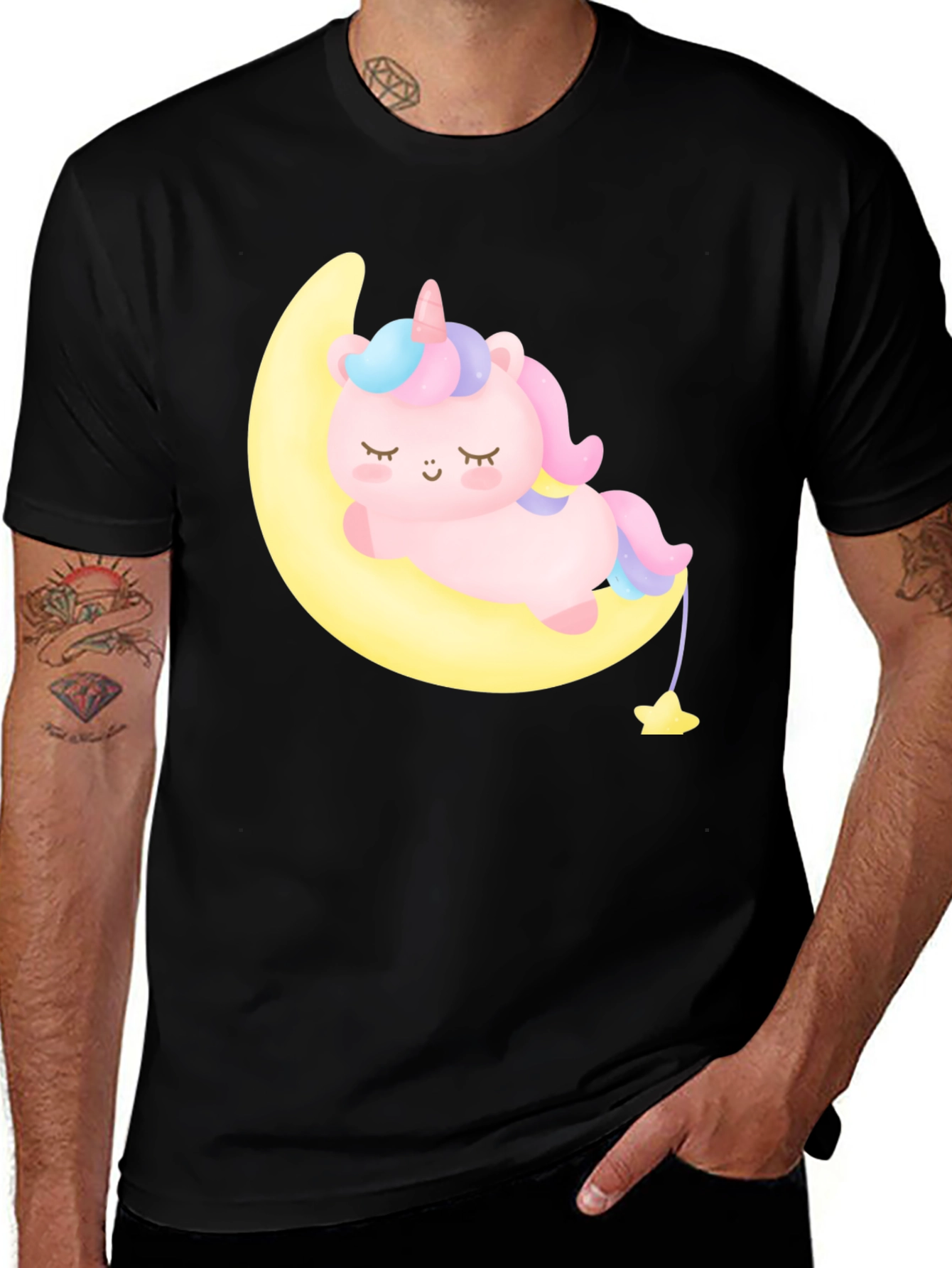 Variant 12 of Cute Unicorn on Moon Black T-Shirt