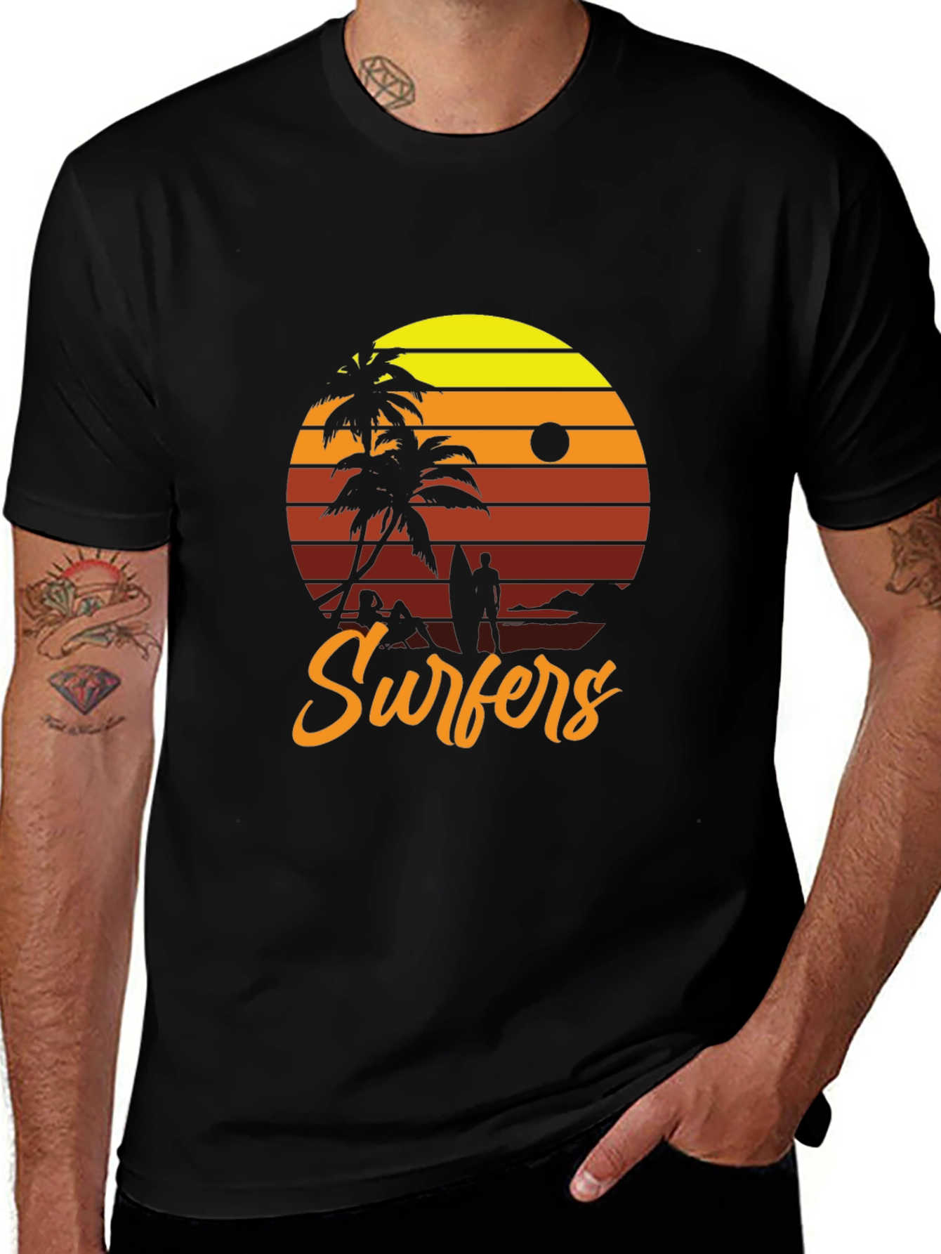 Black Retro Surfers Sunset T-Shirt main image