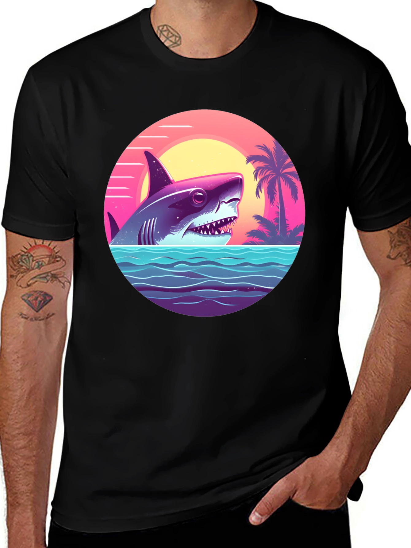 Shark Sunset Graphic Tee - Retro Summer Vibes T-Shirt