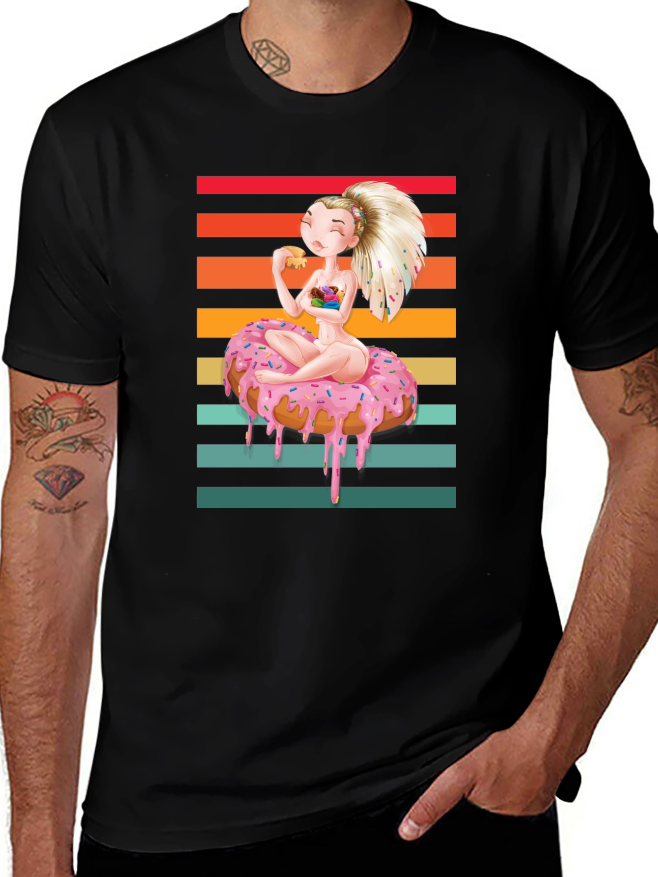 Variant 24 of Donut Girl Graphic T-Shirt - Black Cotton Tee