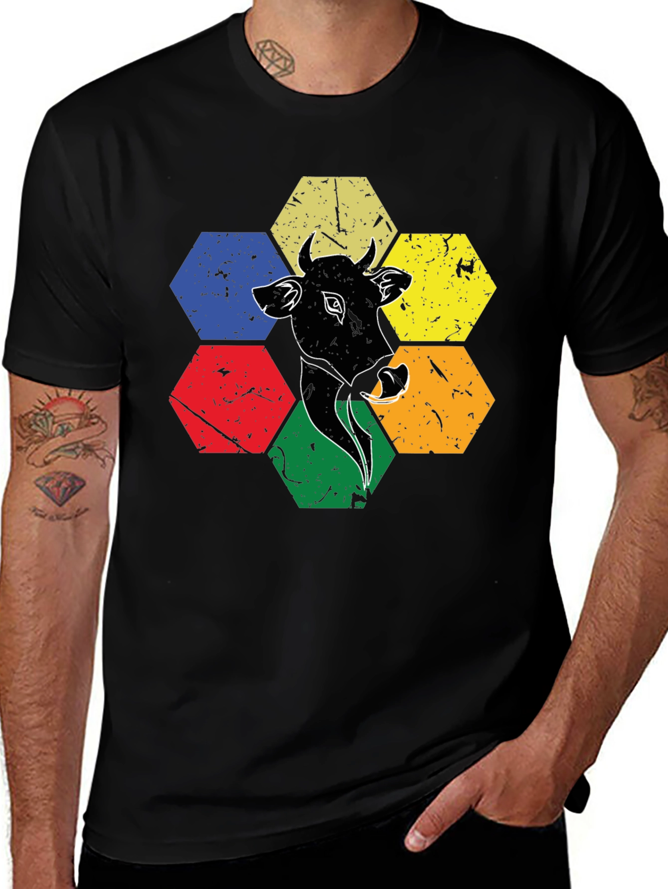 Variant 4 of Cow Graphic Tee: Retro Hexagon Animal T-Shirt