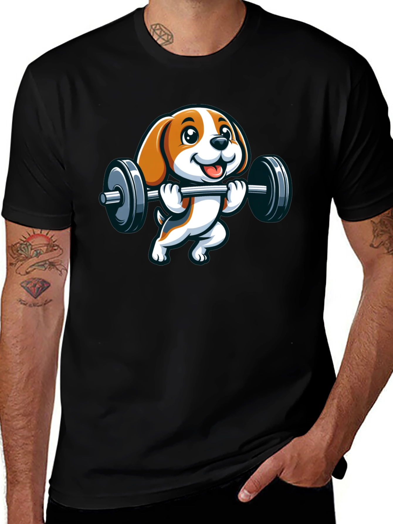 Black Cute Dog Lifting Weights Graphic T-Shirt main image