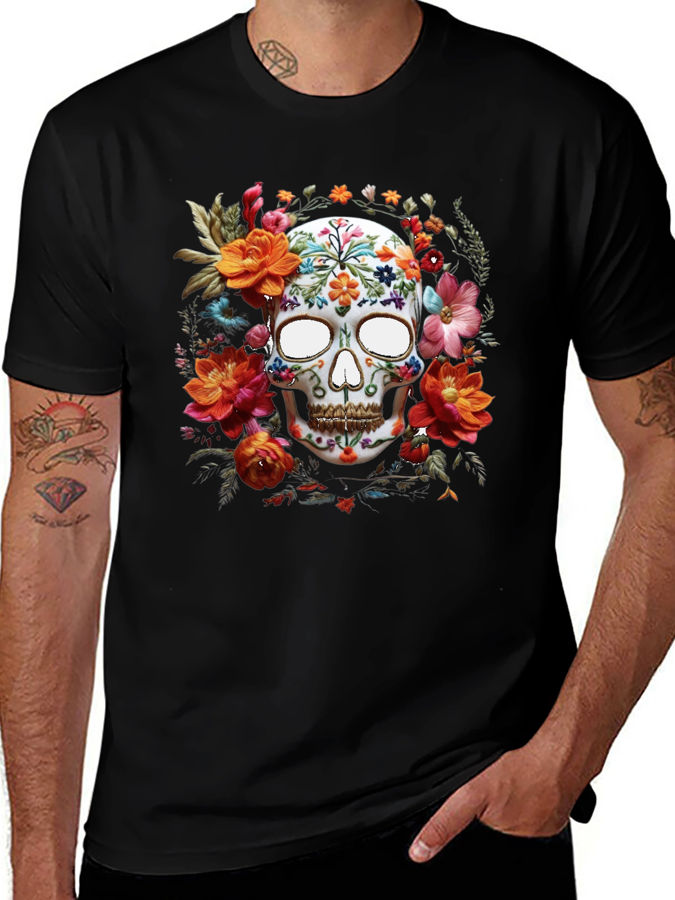 Variant 15 of Floral Skull Graphic Tee - Day of the Dead Style