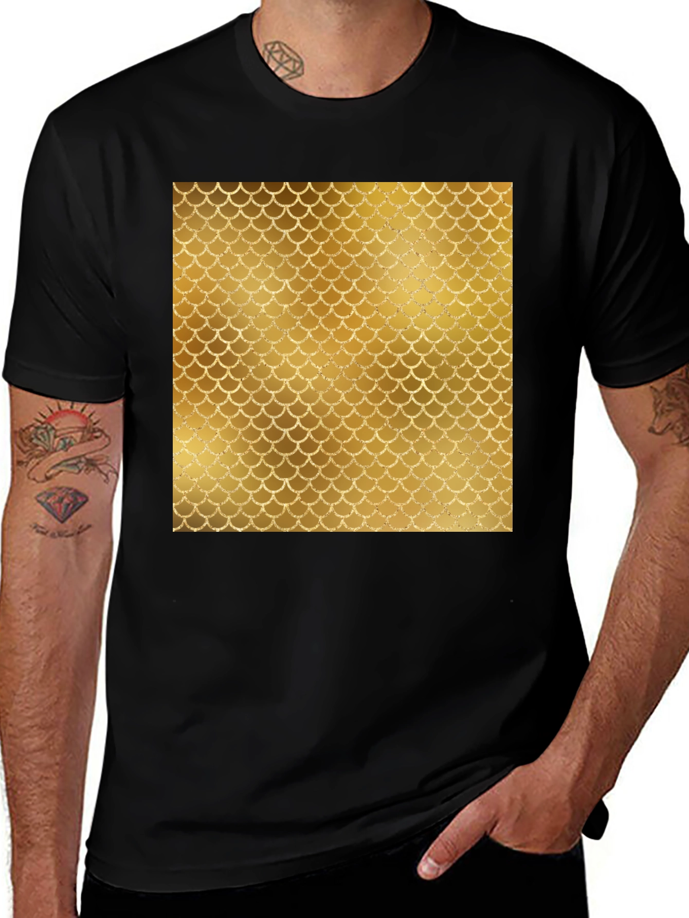 Variant 30 of Men's Black T-Shirt with Gold Scale Design