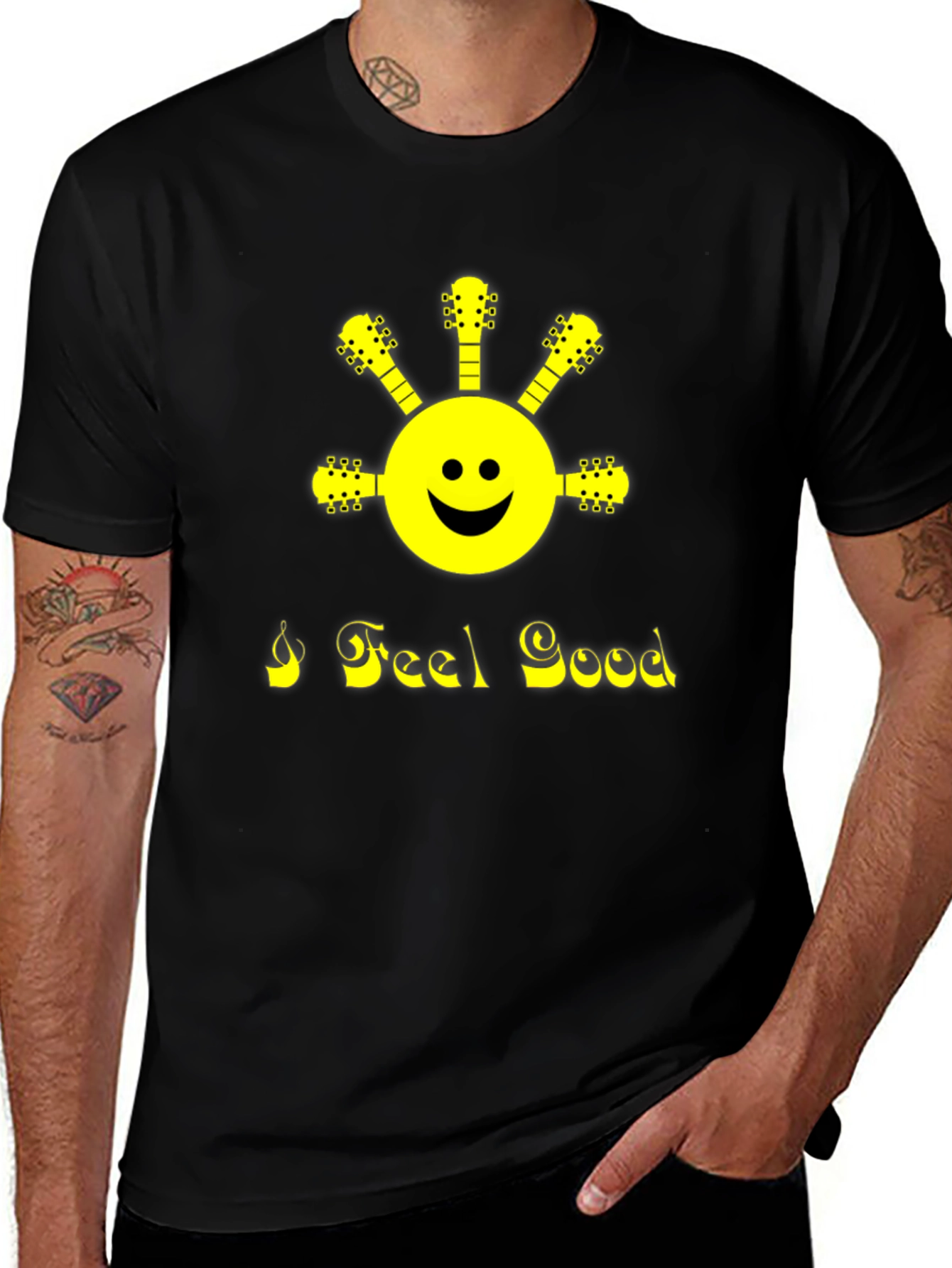 Variant 15 of I Feel Good Guitar Smiley Face Black T-Shirt