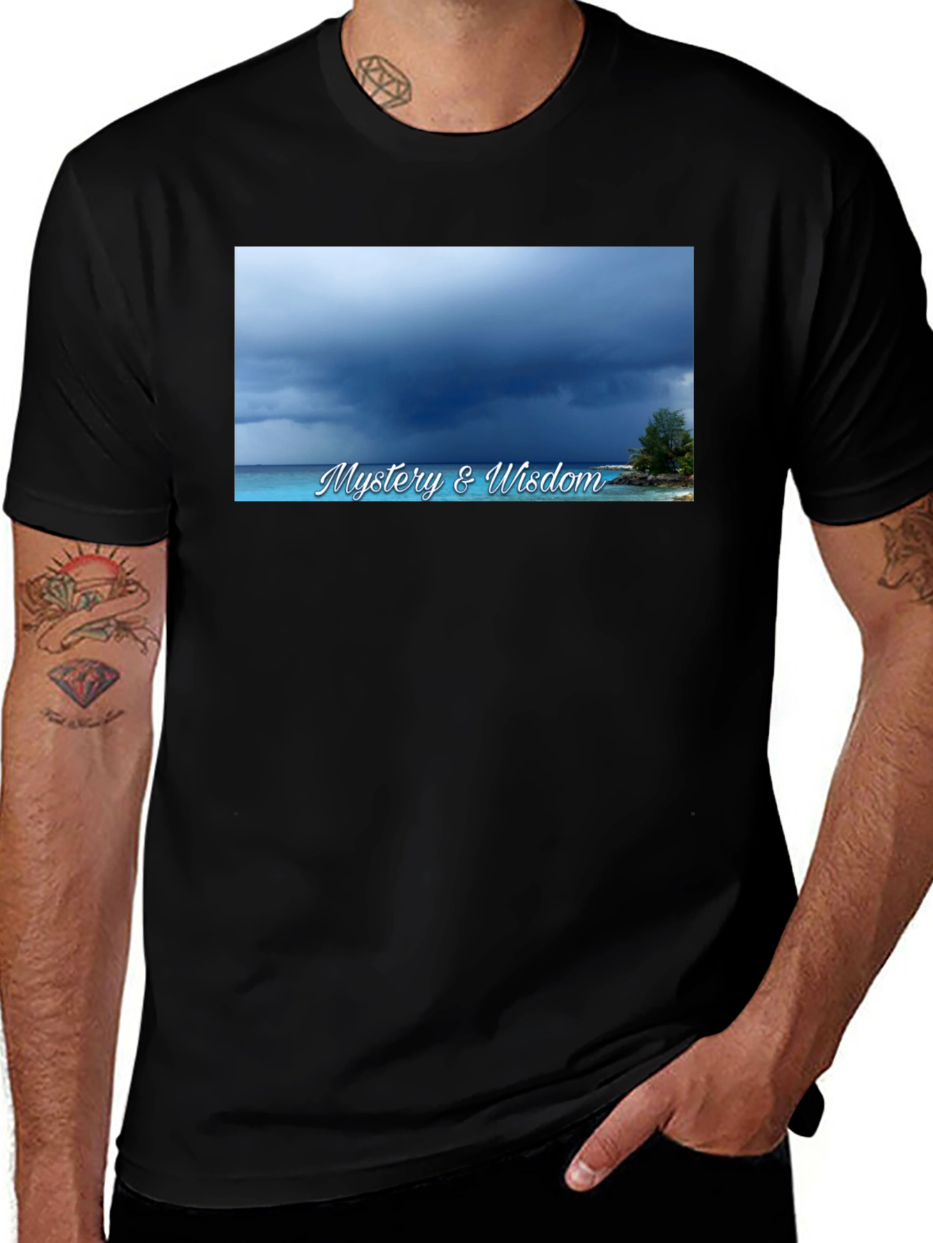 Mystery & Wisdom Graphic T-Shirt - Dark Storm Beach Design