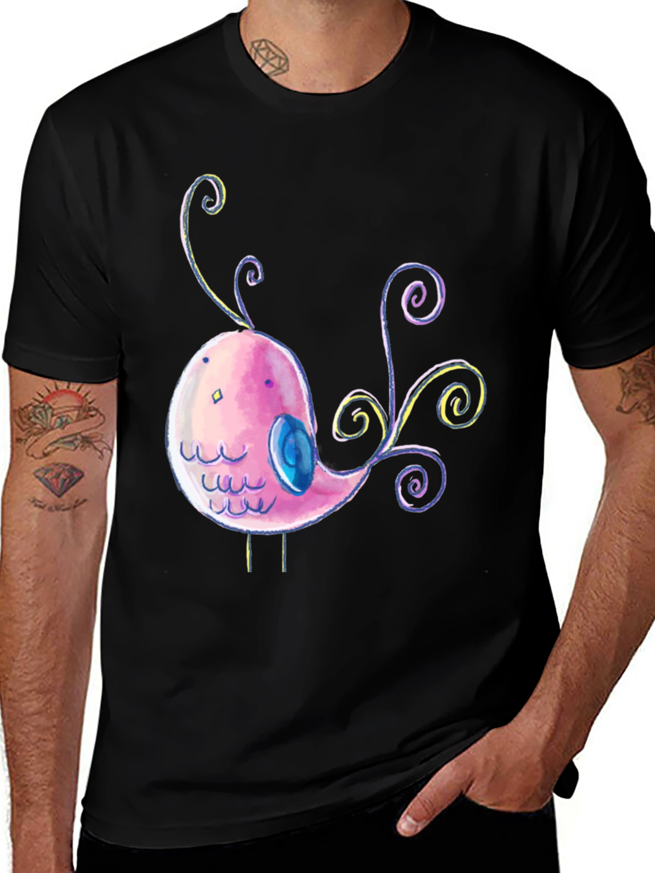 Variant 5 of Cute Cartoon Bird Graphic Black T-Shirt