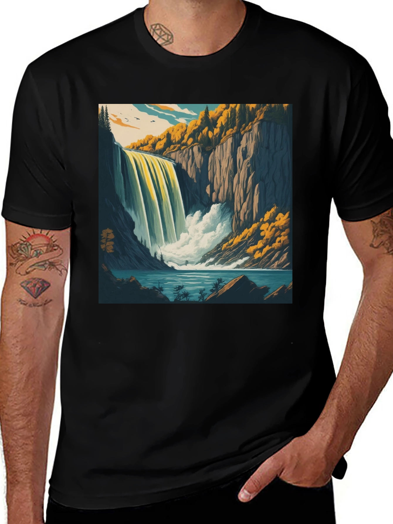 Waterfall Graphic Tee - Black Cotton Casual Shirt