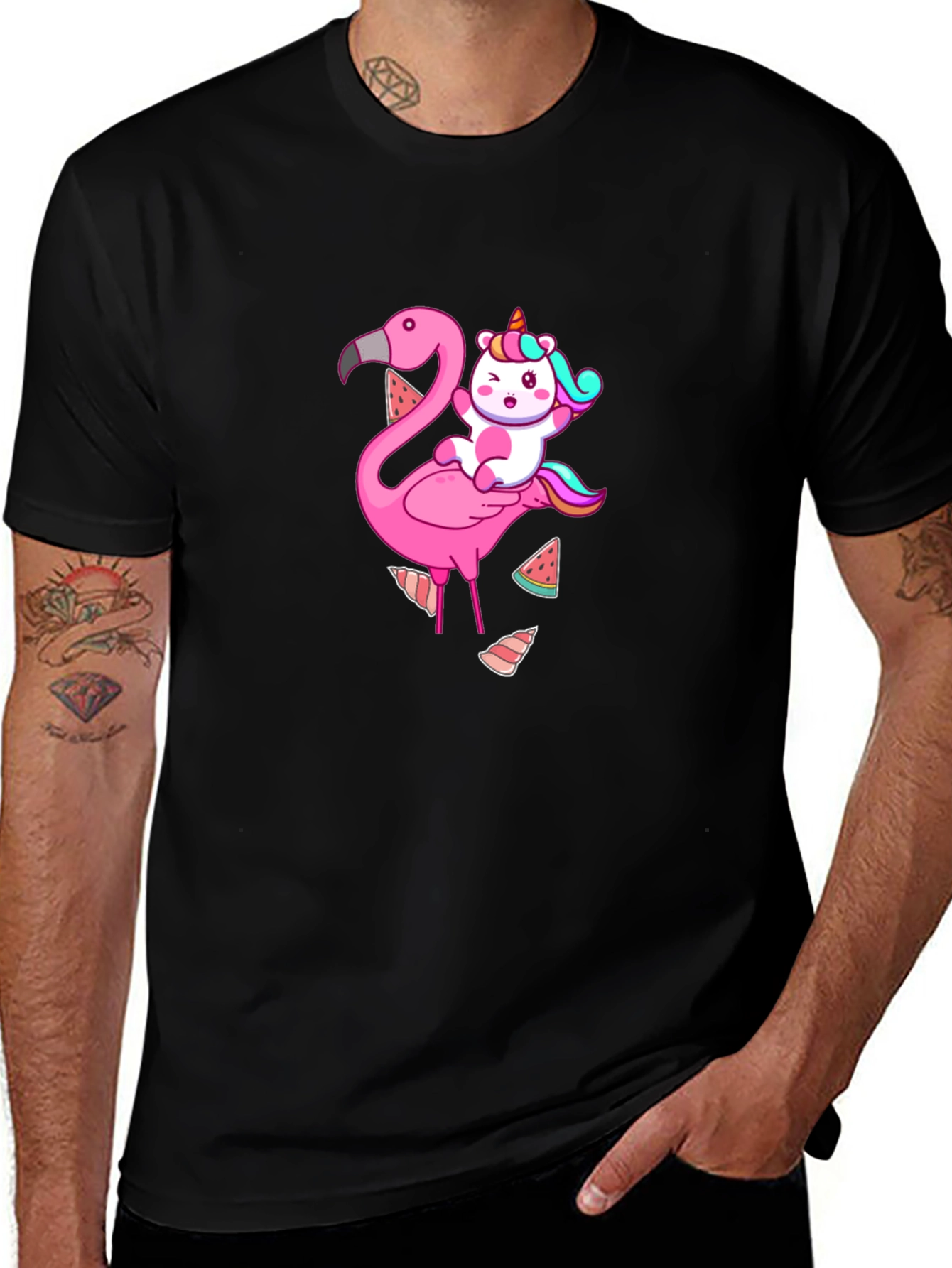 Variant 9 of Unicorn & Flamingo Graphic Tee - Black T-Shirt