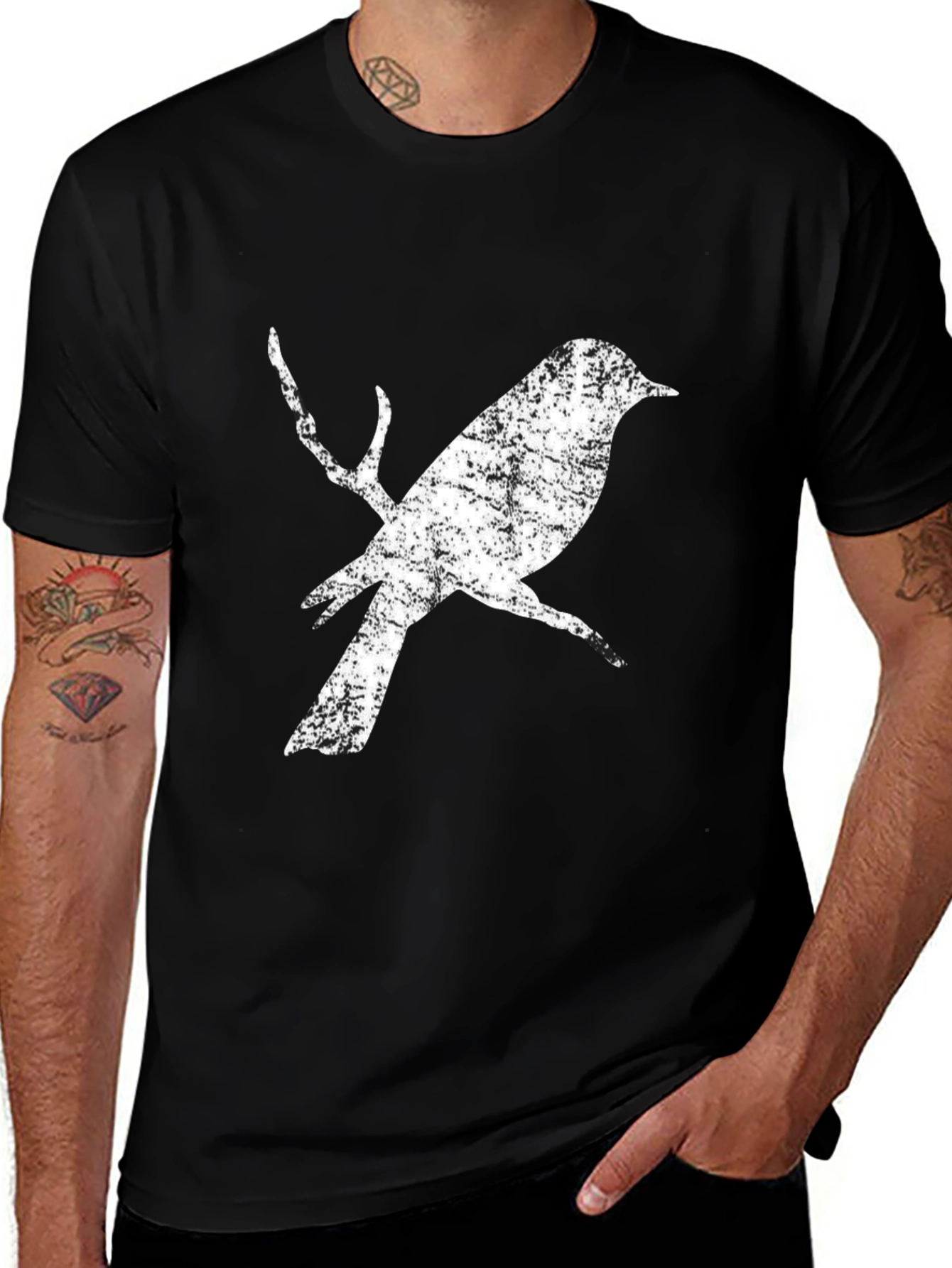 Variant 22 of Rustic Bird on Branch Graphic T-Shirt - Black