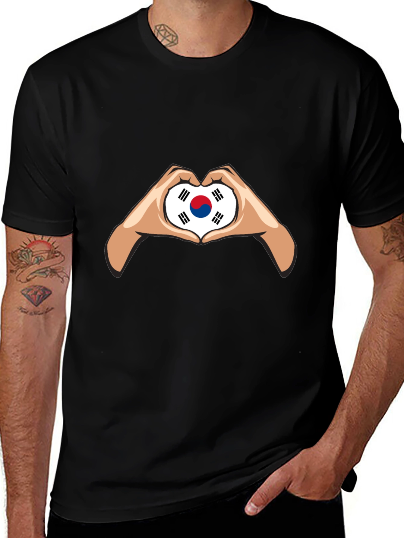 Variant 17 of South Korea Flag Heart Hands Black T-Shirt