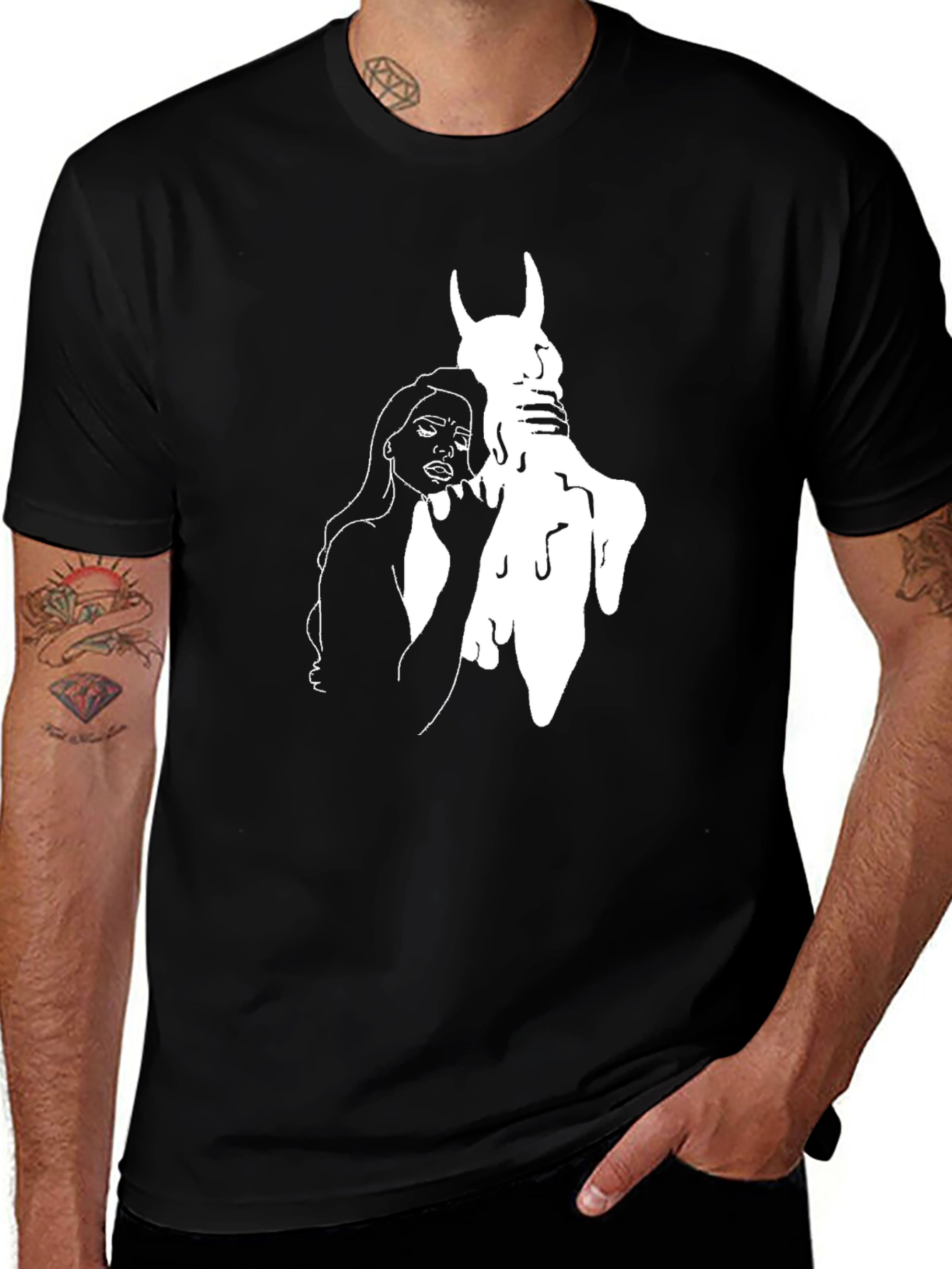 Variant 25 of Black T-Shirt with Gothic Woman and Horned Figure Graphic