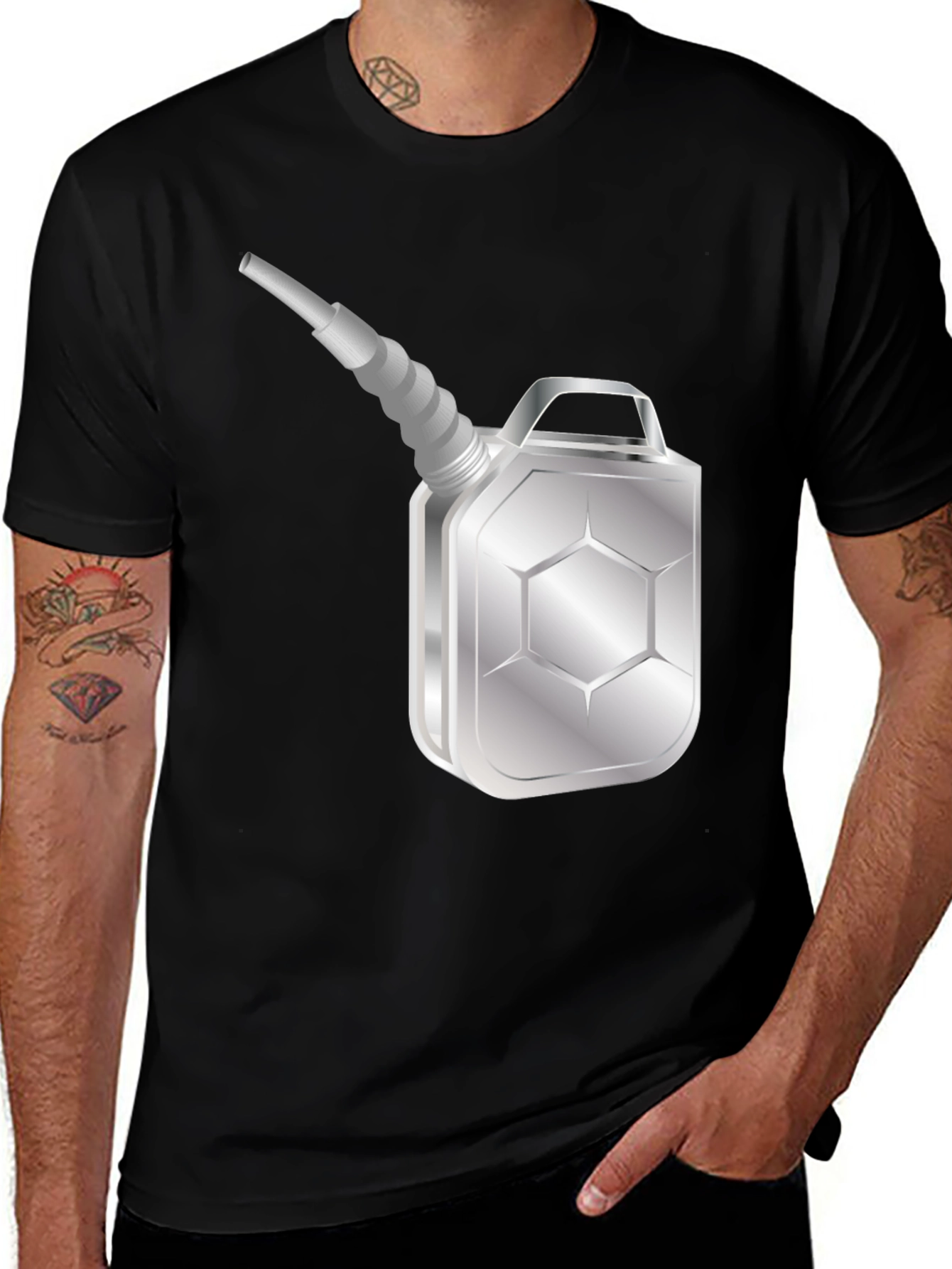 Variant 13 of Men's Black T-Shirt with Silver Gas Can Design
