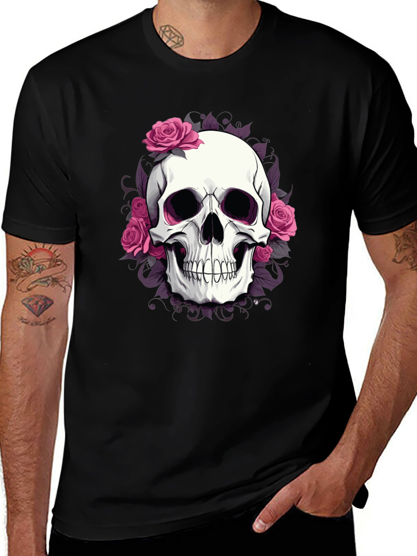 Variant 5 of Skull & Roses Graphic Tee - Black Crew Neck