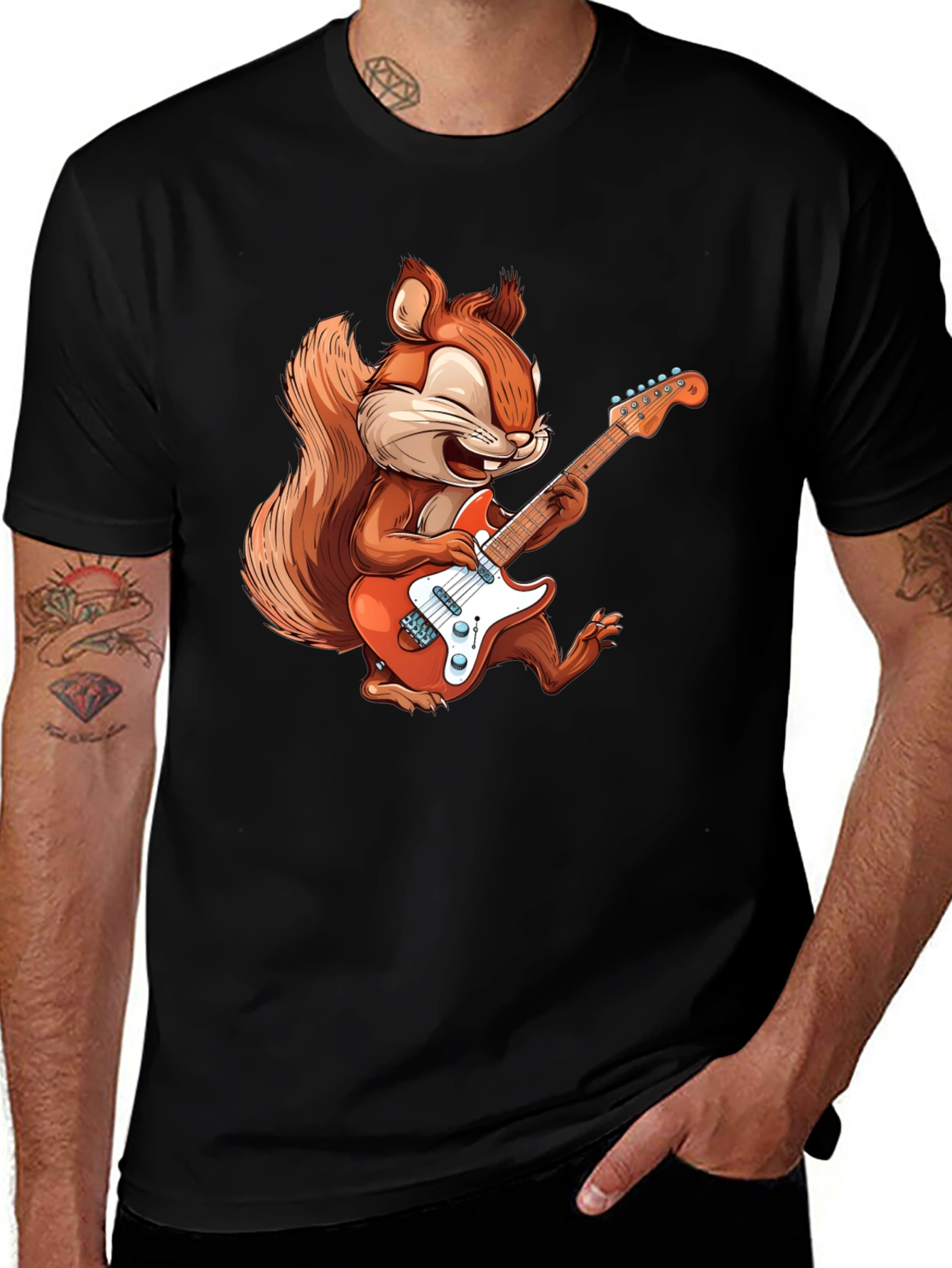 Variant 10 of Squirrel Guitarist Graphic T-Shirt - Black Cotton Tee
