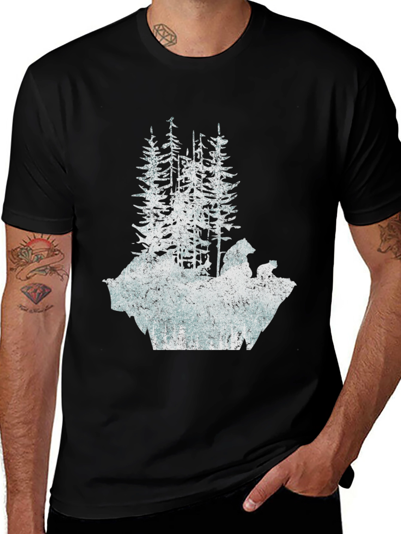 Variant 17 of Bear & Trees Graphic T-Shirt - Black