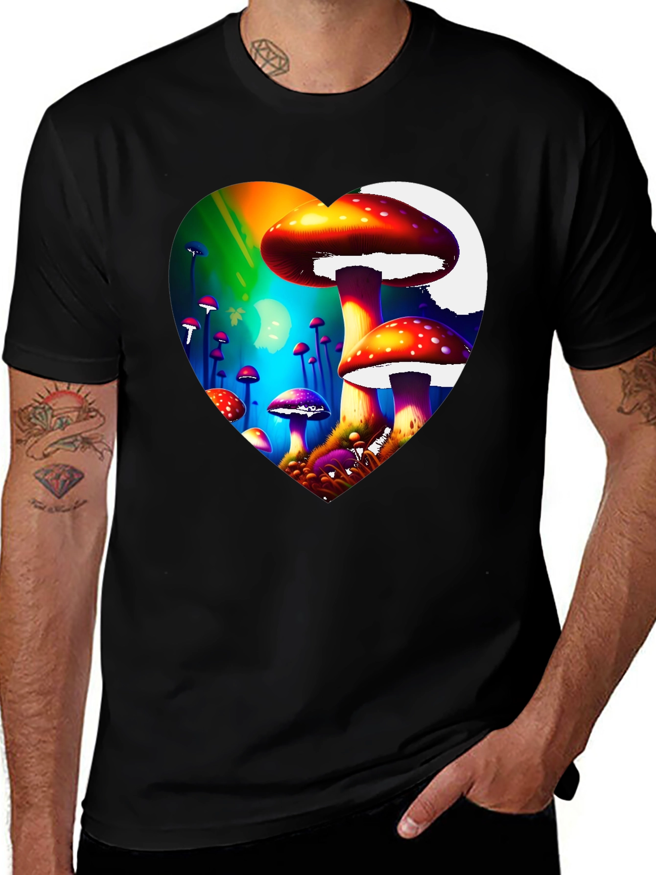 Variant 14 of Mushroom Heart Graphic Tee - Funky Black T-Shirt