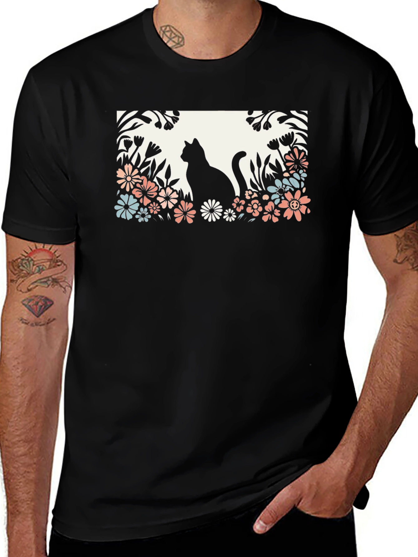 Variant 16 of Cat in Flower Garden Black Graphic Tee