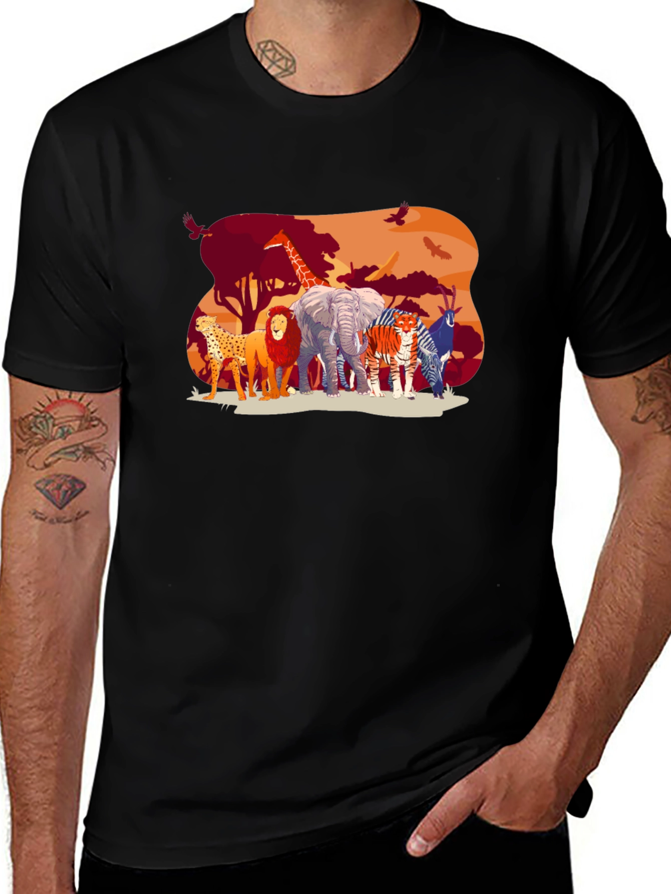 Variant 24 of Wildlife Safari Graphic Tee - Black Cotton T-Shirt