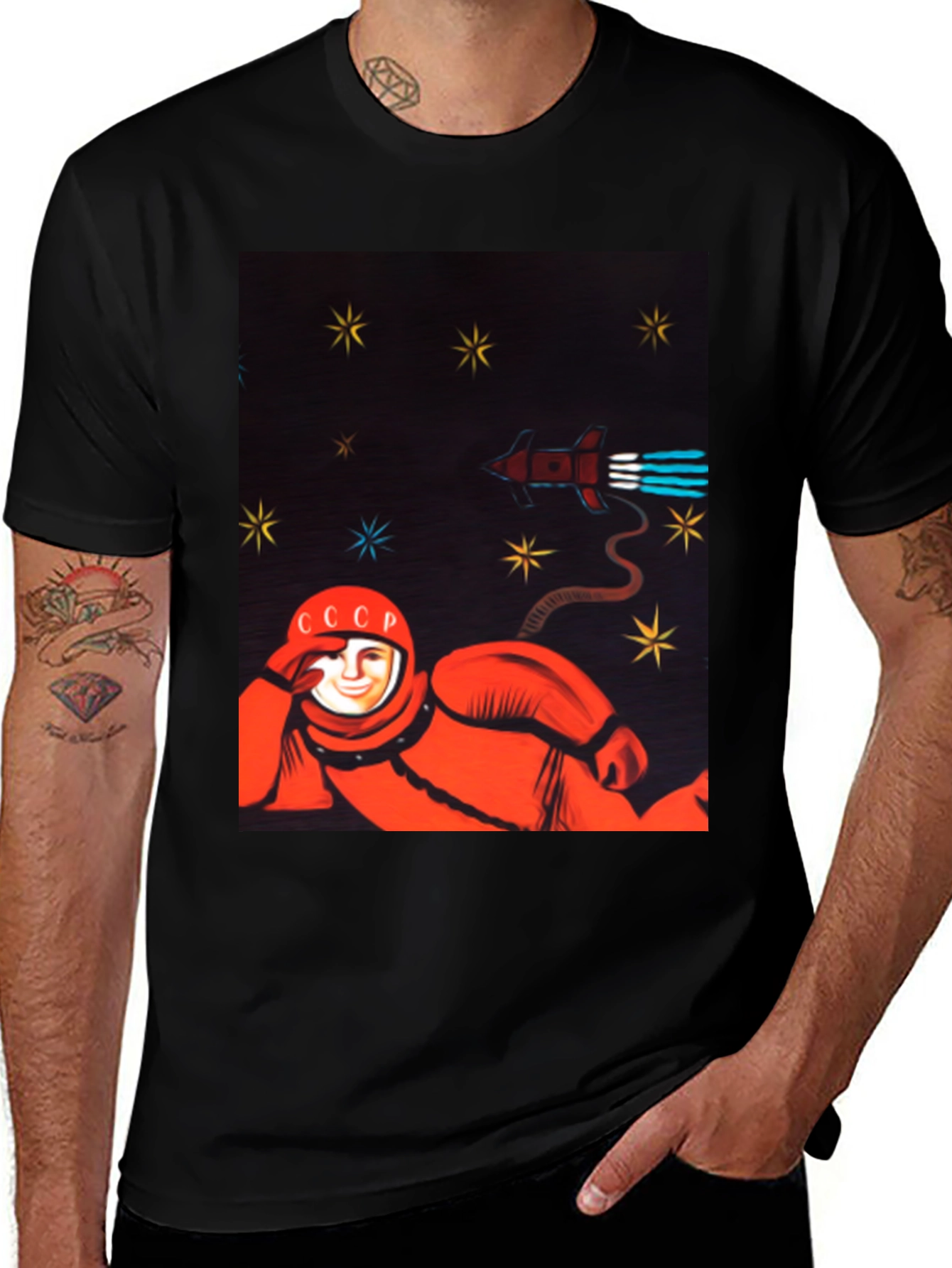 Variant 5 of Retro Soviet Cosmonaut Black T-Shirt