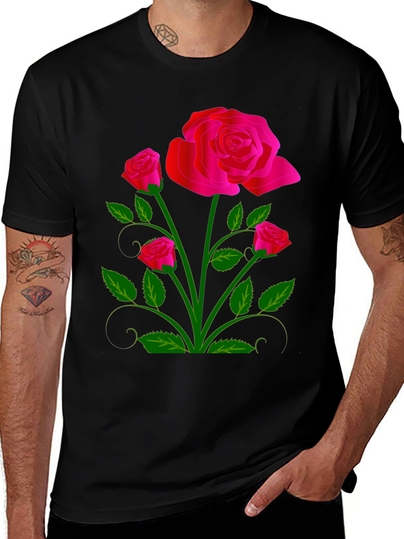 Variant 20 of Black T-Shirt with Vivid Floral Rose Design