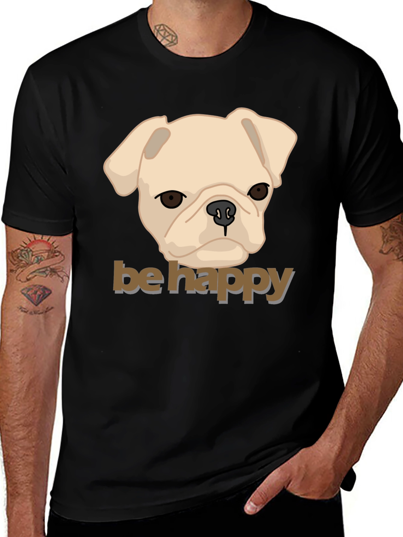 Be Happy Pug Graphic Tee - Men's Black Cotton T-Shirt