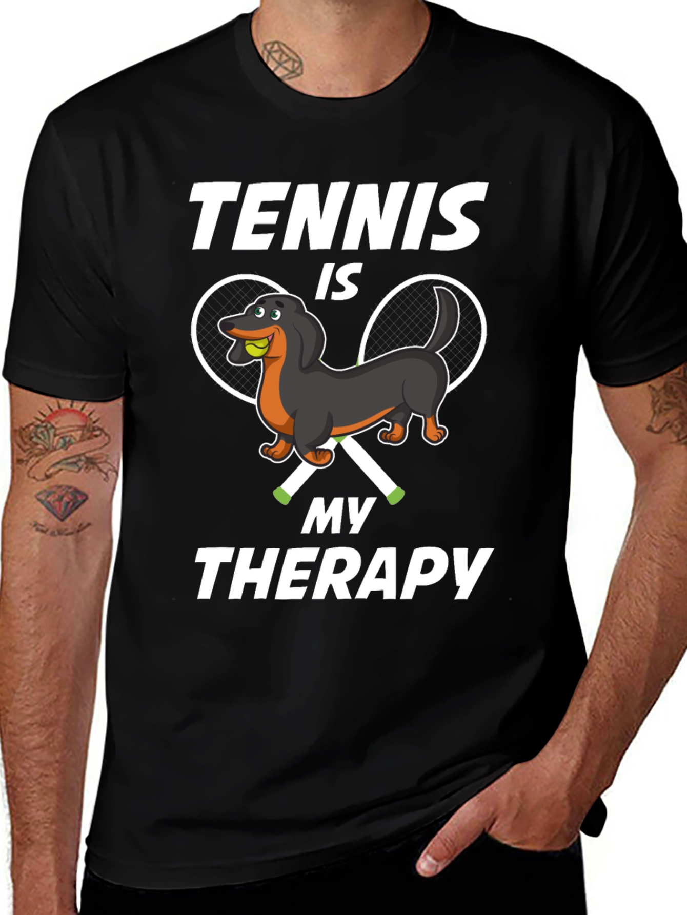 Variant 18 of Tennis is My Therapy T-Shirt - Dachshund Design