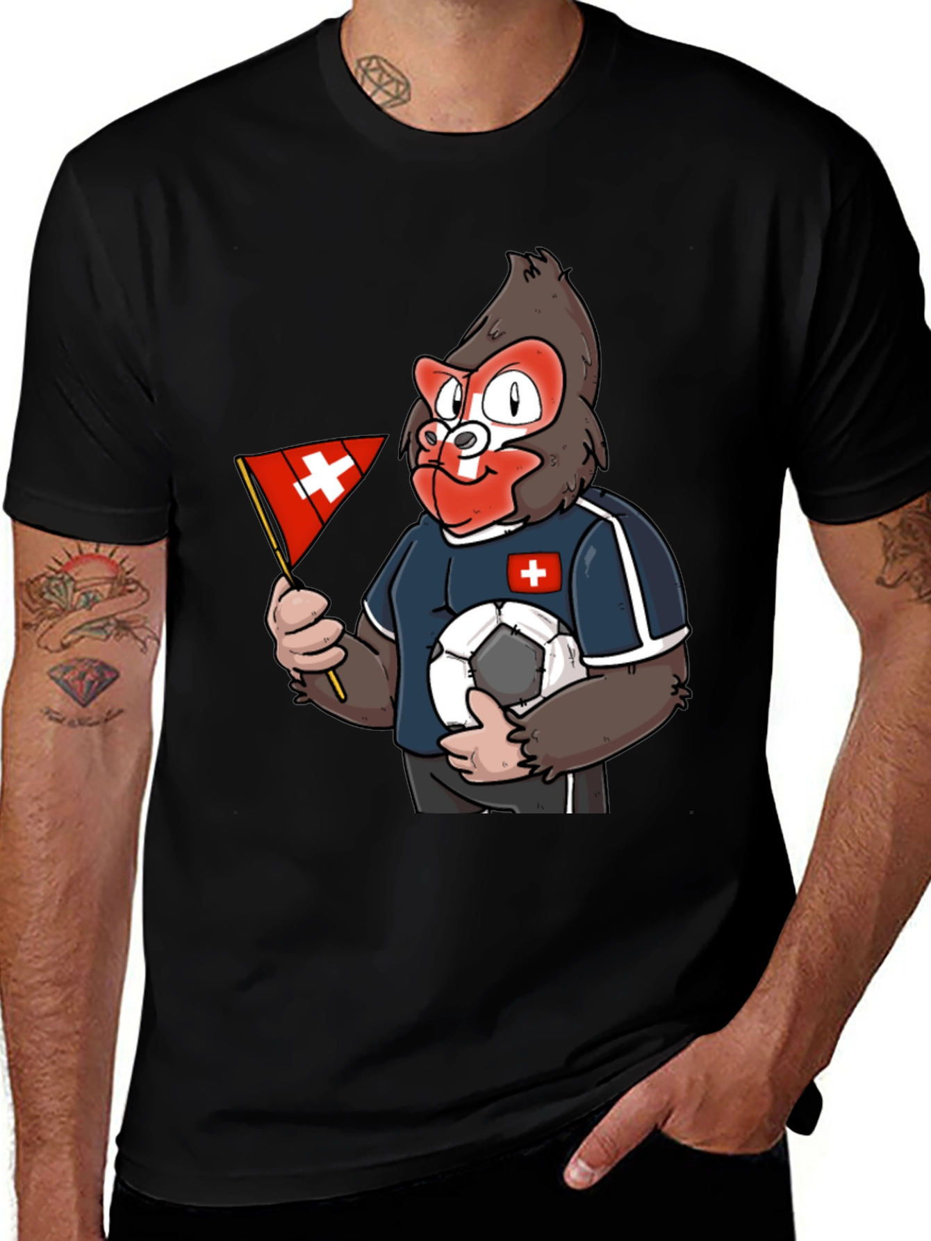 Variant 19 of Swiss Gorilla Soccer Fan T-Shirt - Black