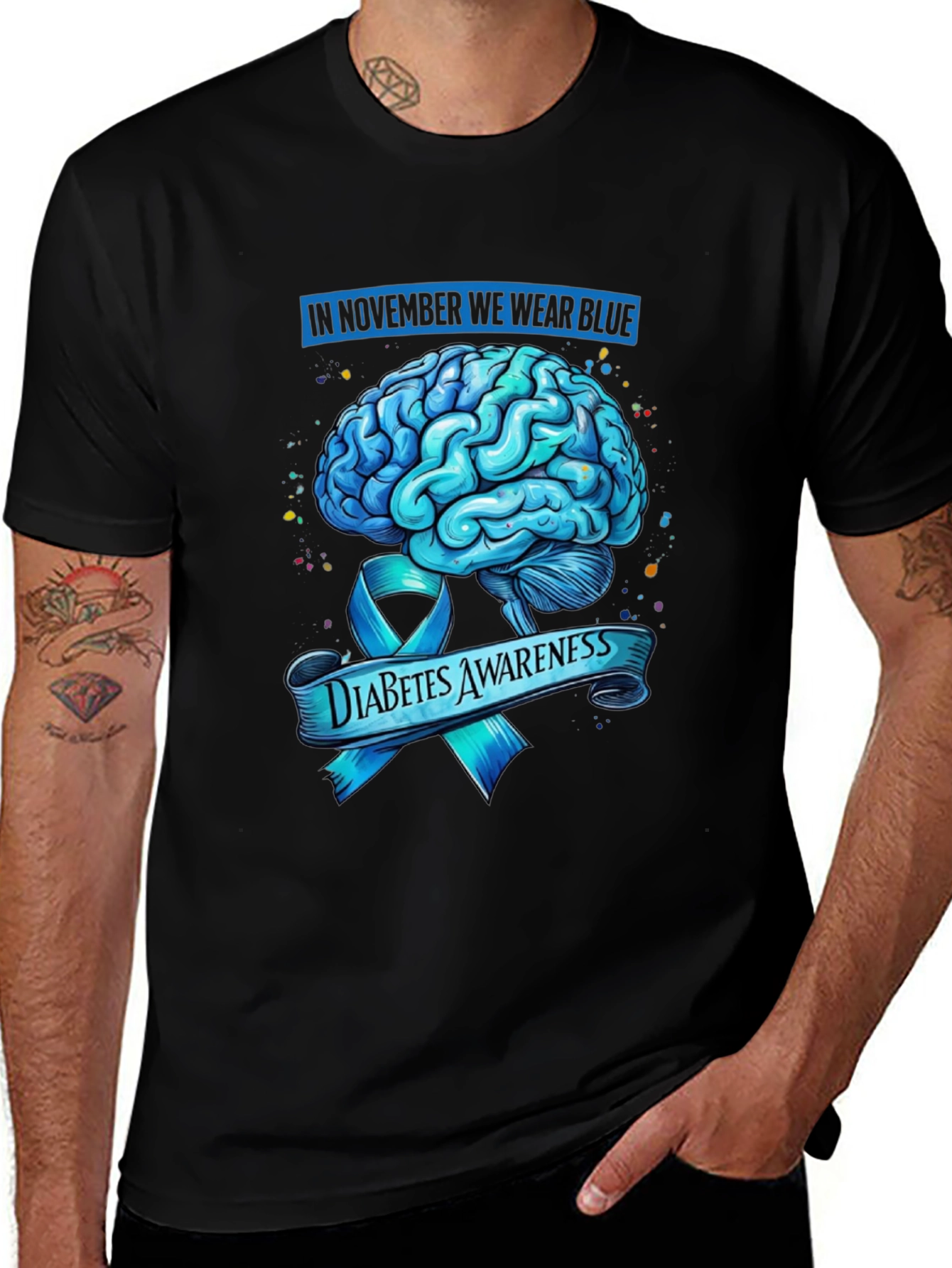 Diabetes Awareness Blue Brain Ribbon Graphic T-Shirt