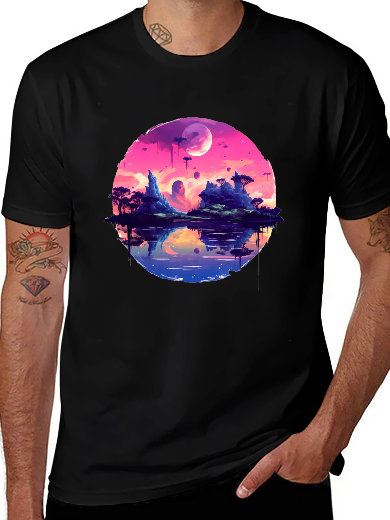 Variant 21 of Fantasy Landscape Graphic Print Black T-Shirt