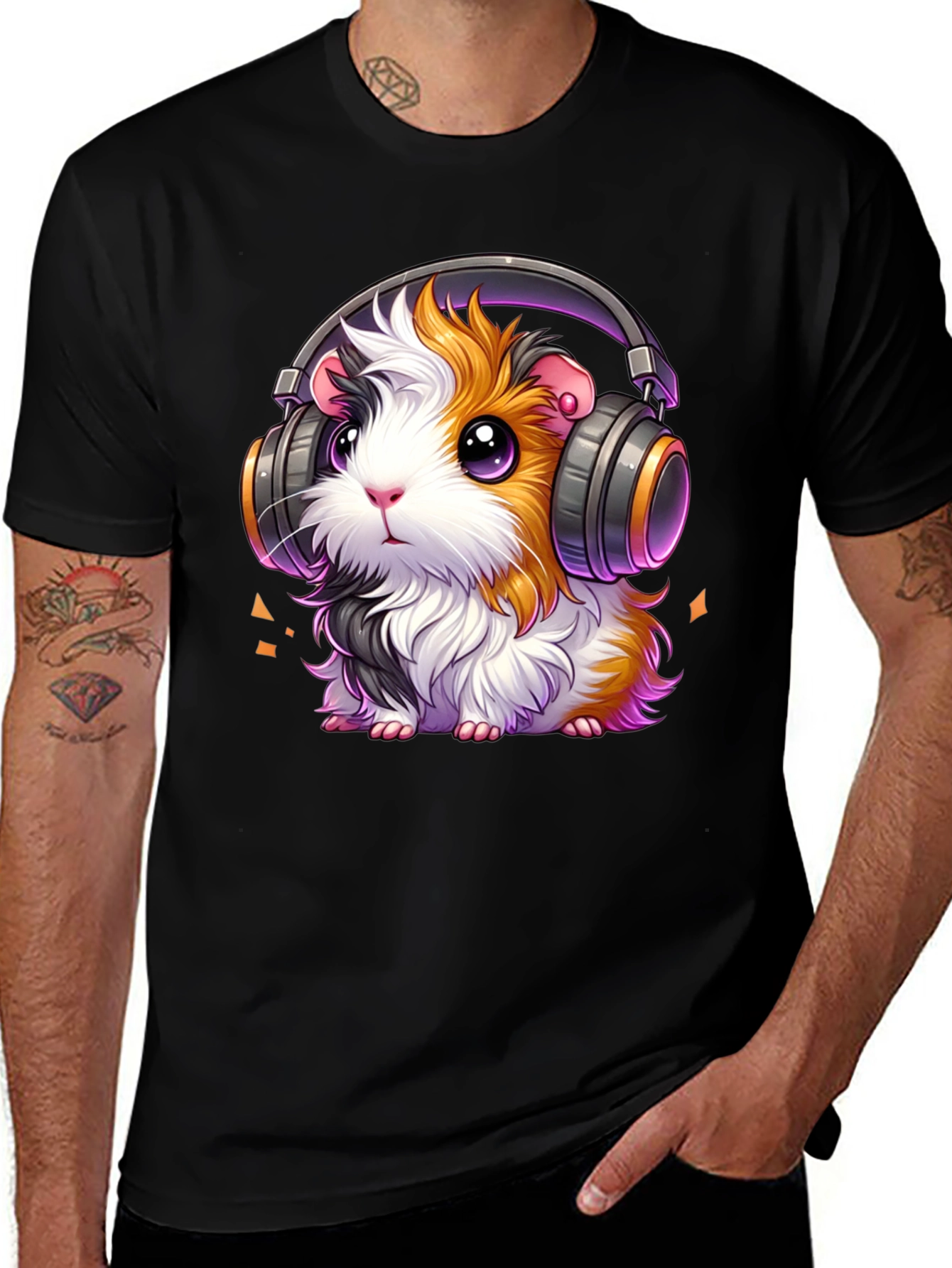 Guinea Pig Headphones Black T-Shirt