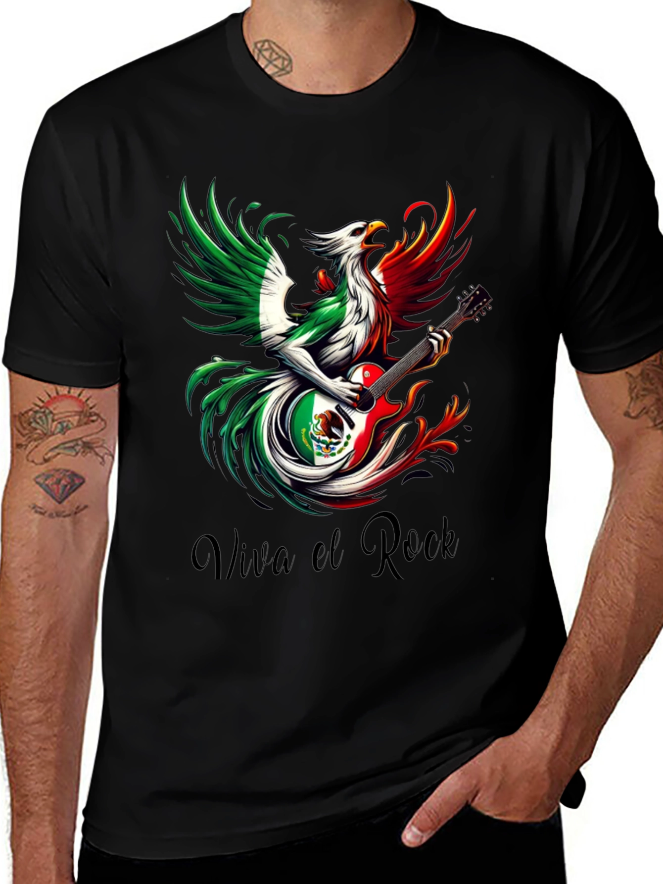 Variant 26 of Viva el Rock Tee - Mexican Flag Phoenix Guitar Shirt