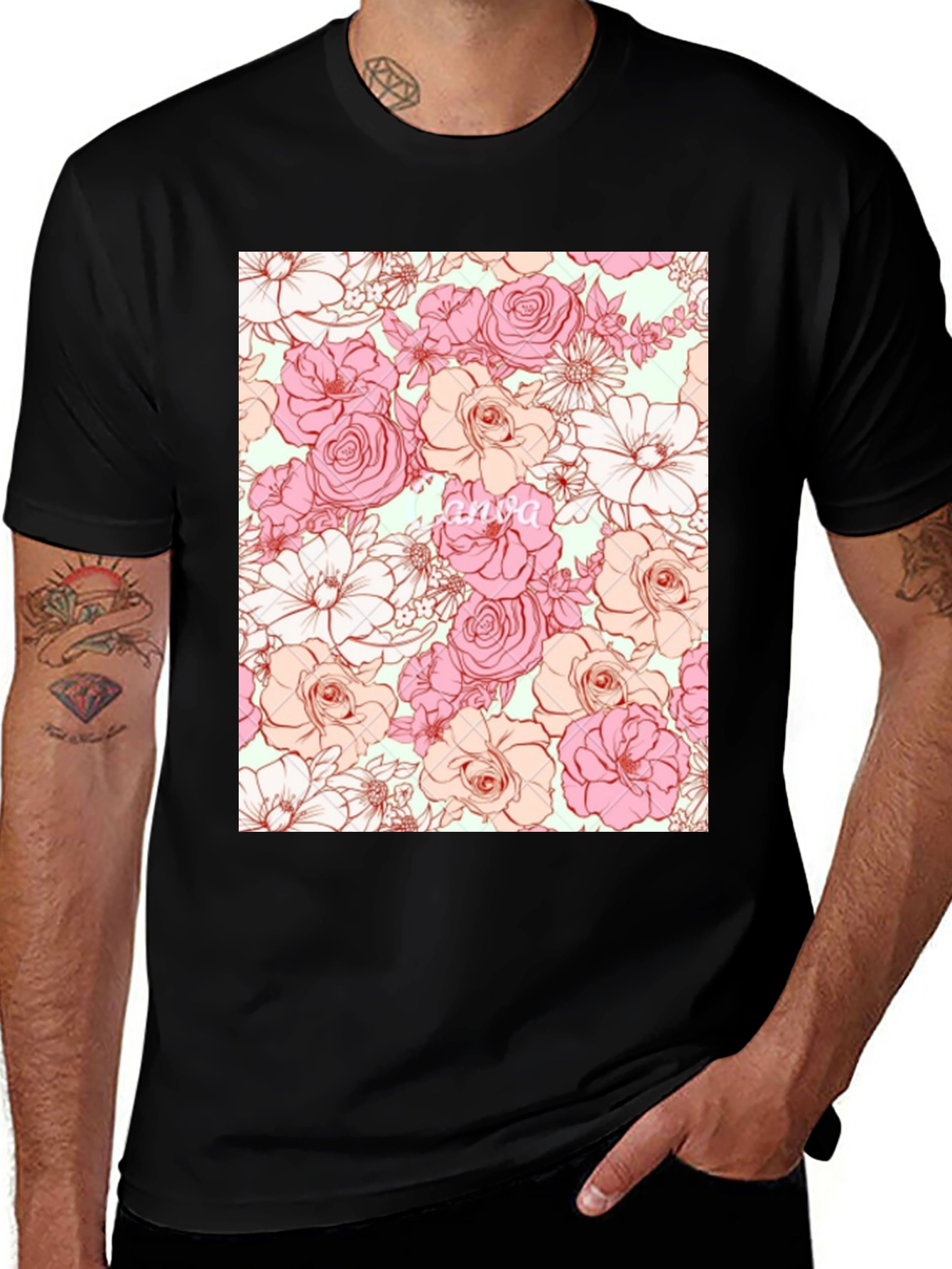 Variant 19 of Floral Print T-Shirt - Black Casual Tee