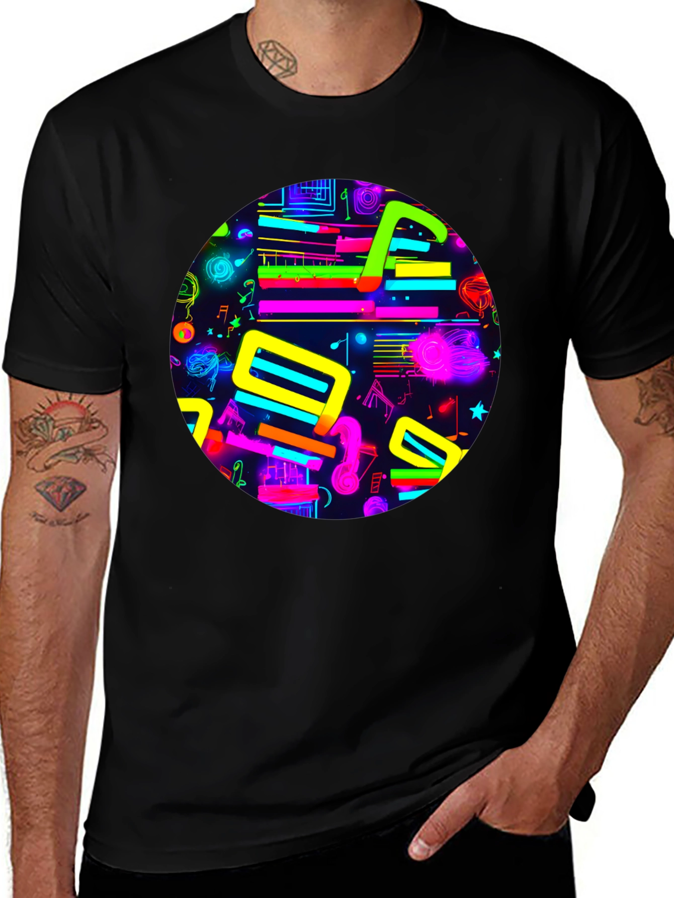 Neon Music Notes Graphic T-Shirt