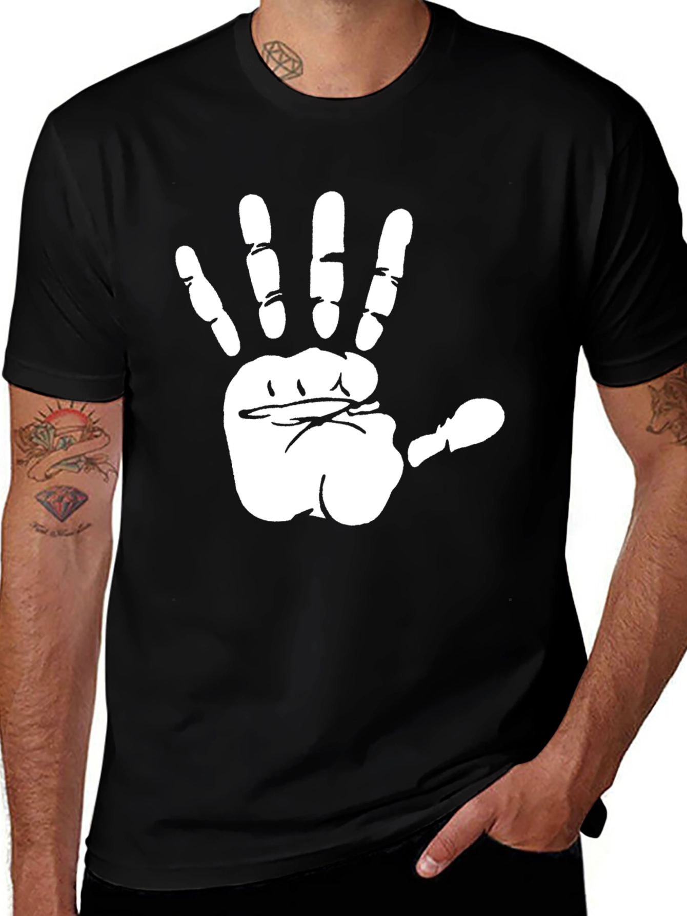 Variant 22 of Black T-Shirt with White Hand Print Graphic