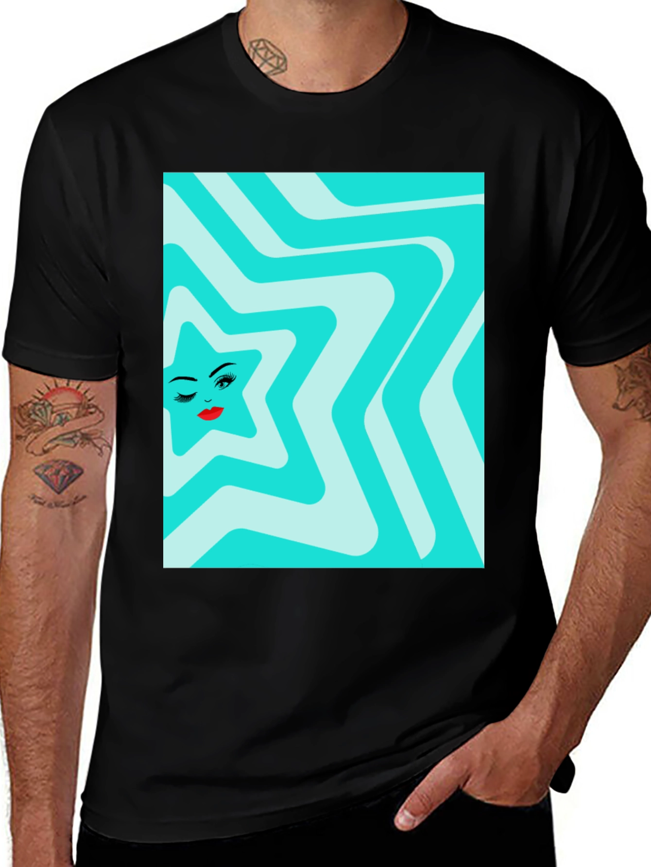 Variant 12 of Retro Star Face Graphic T-Shirt - Black