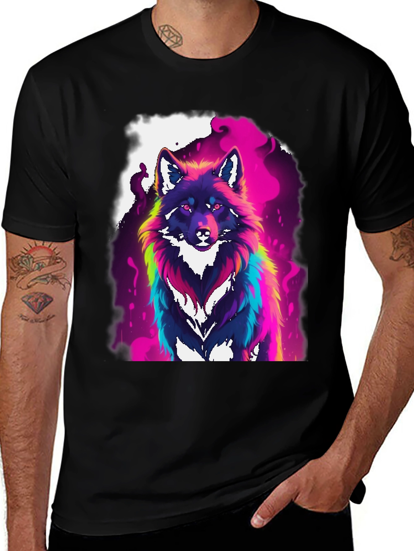 Variant 9 of Neon Wolf Graphic Print Black T-Shirt