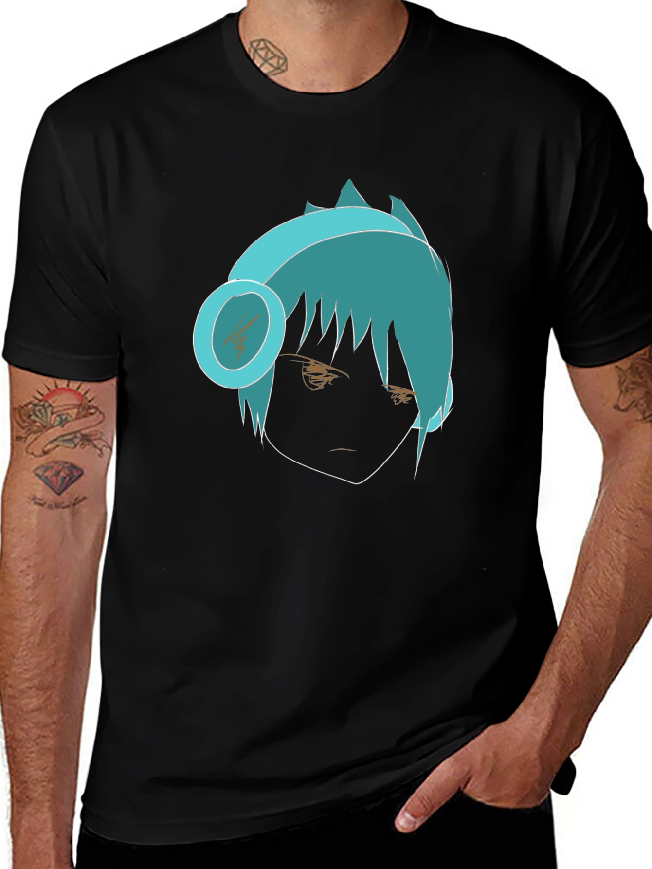Variant 7 of Anime Boy Tee: Cool Blue Hair, Headphones, Black T-Shirt