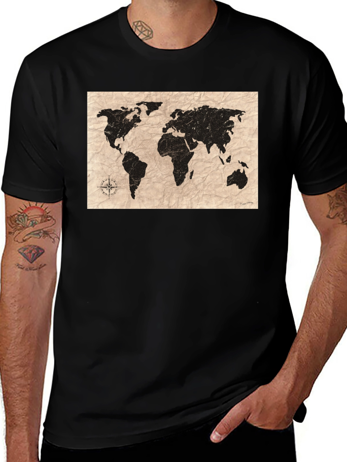 Vintage World Map Graphic Tee - Black Crew Neck