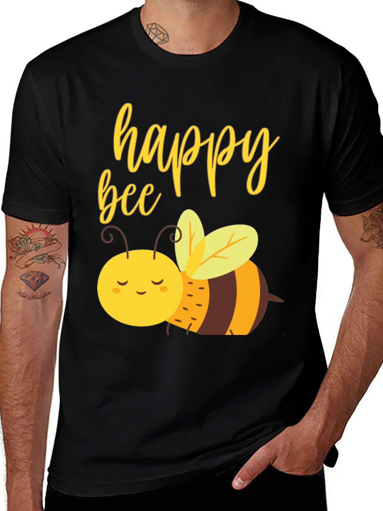 Variant 6 of Happy Bee Graphic Tee - Black Cotton Comfort
