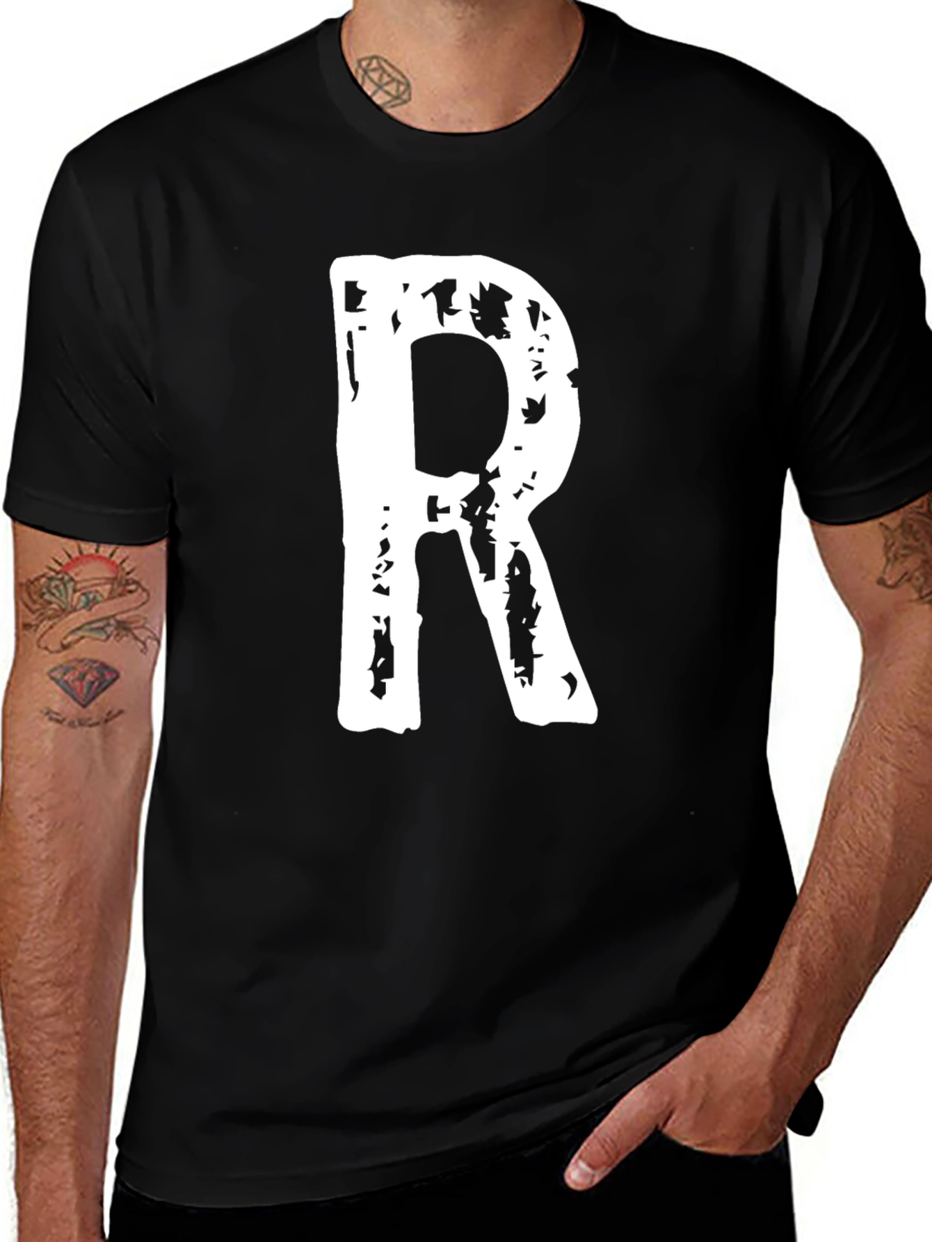 Variant 25 of Black T-Shirt with White Letter R Print