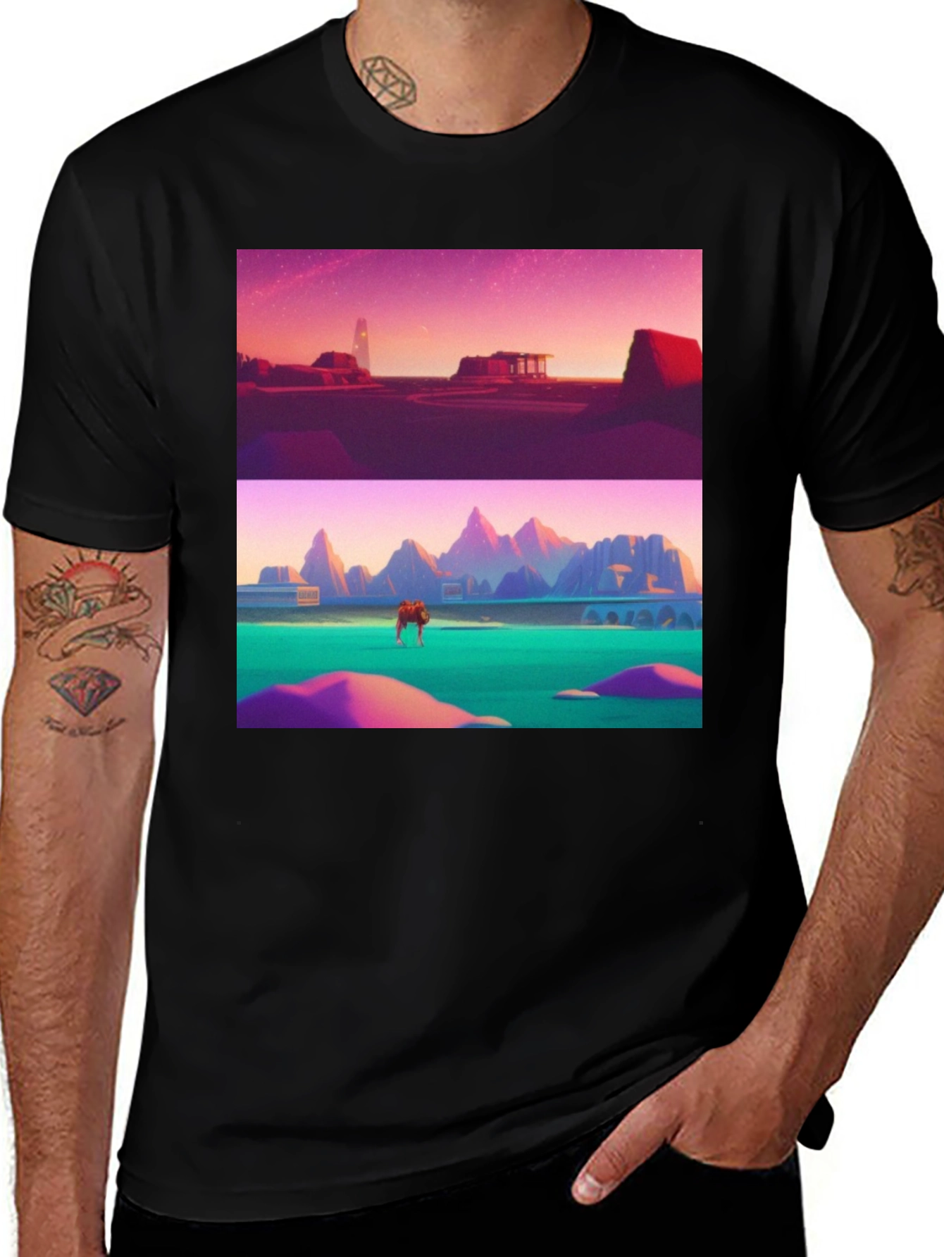 Variant 13 of Retro Landscape Print Black T-Shirt