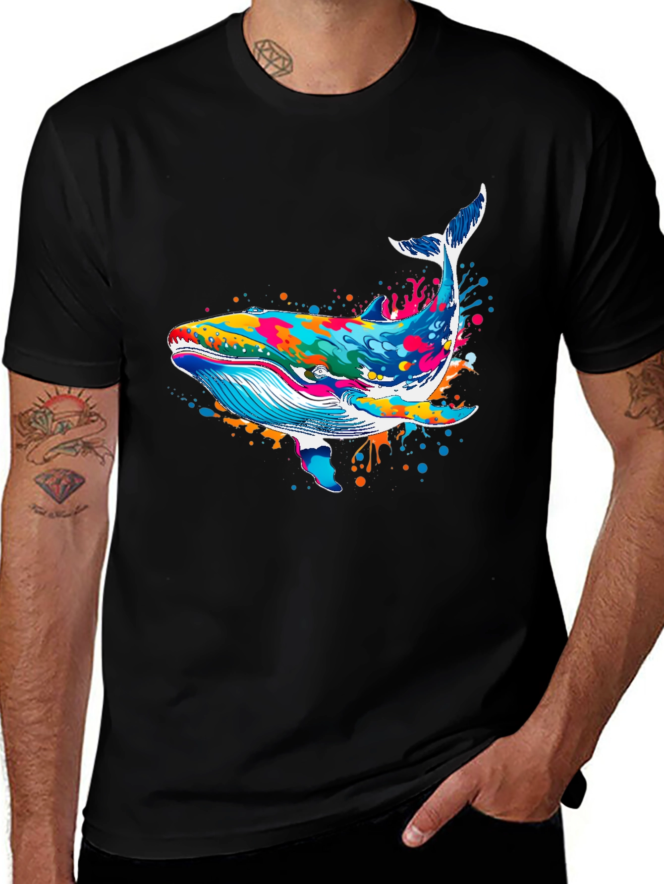 Variant 10 of Colorful Whale Graphic Black T-Shirt