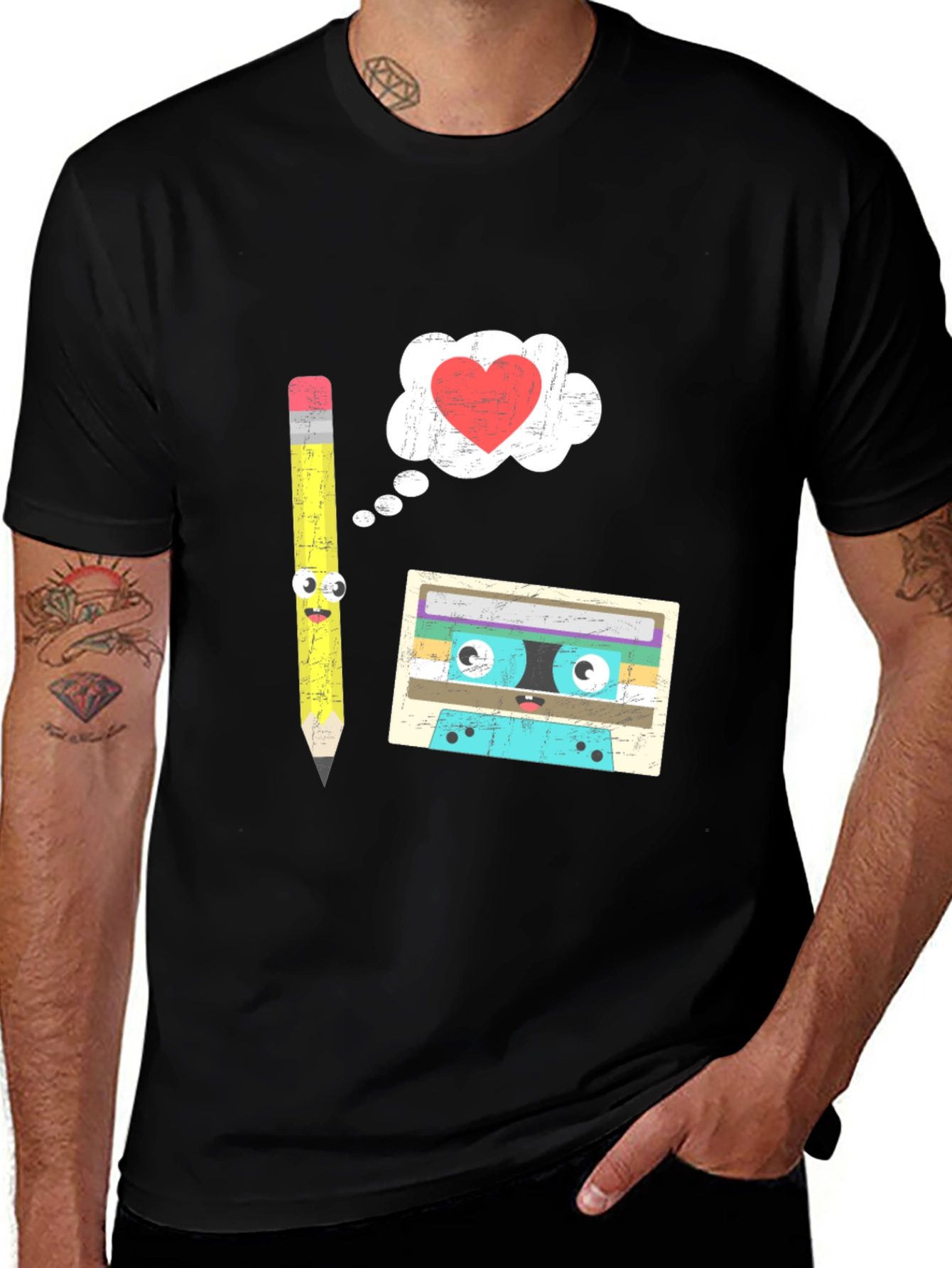 Retro Music Lover T-Shirt: Pencil, Cassette Tape, Heart Design