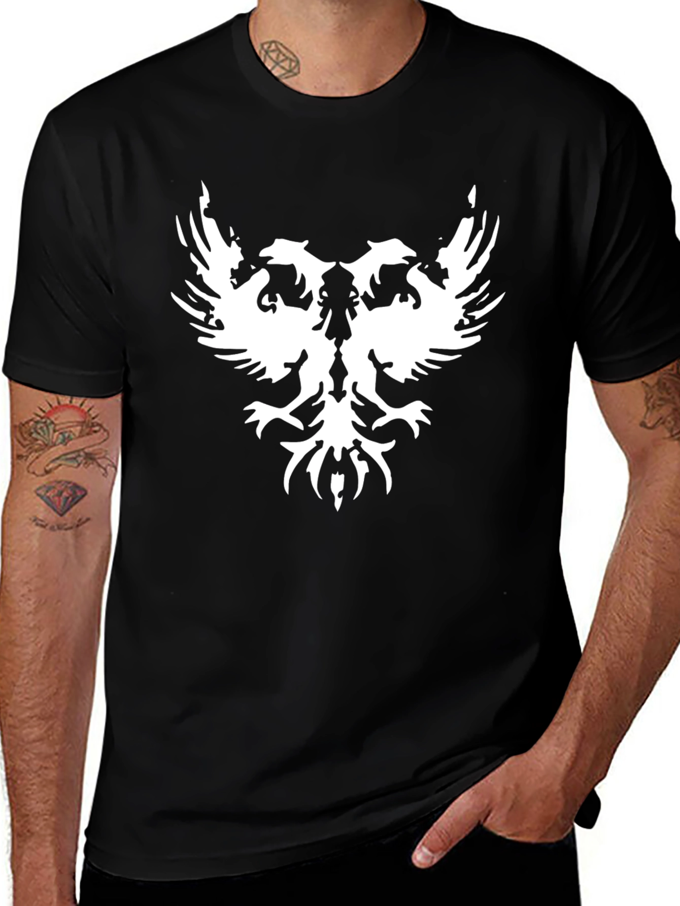 Variant 22 of Black T-Shirt with White Double-Headed Eagle Design