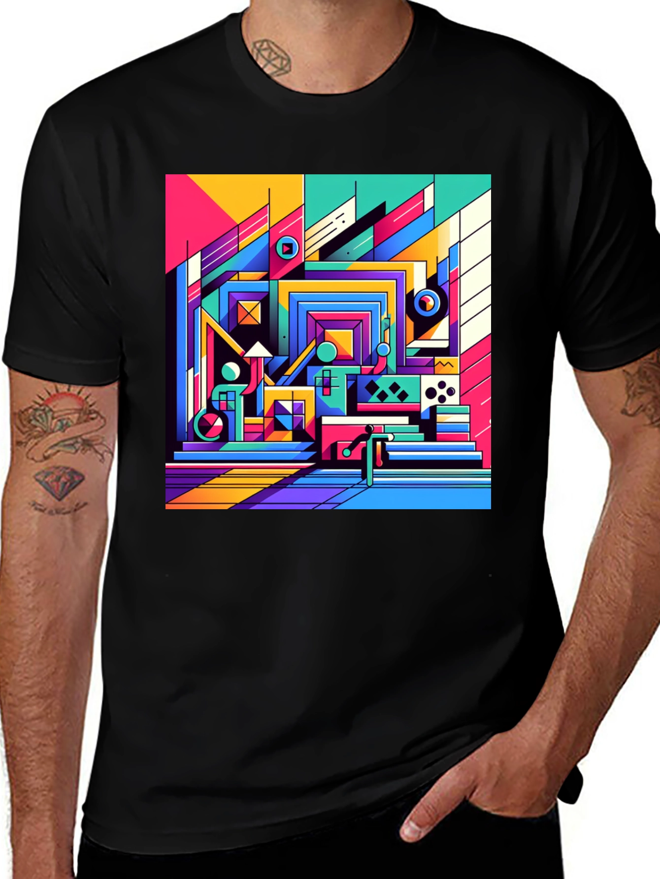 Black Retro Geometric Art T-Shirt - Bold Colorful Design main image