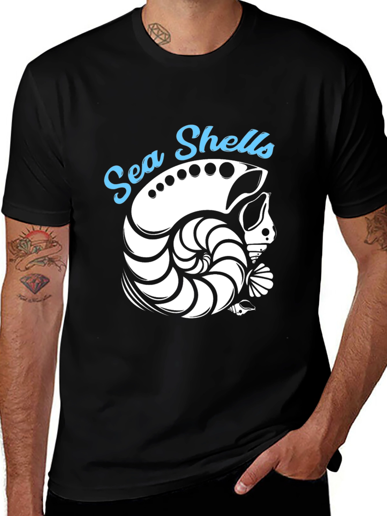 Variant 12 of Sea Shells Graphic Tee - Black Cotton T-Shirt