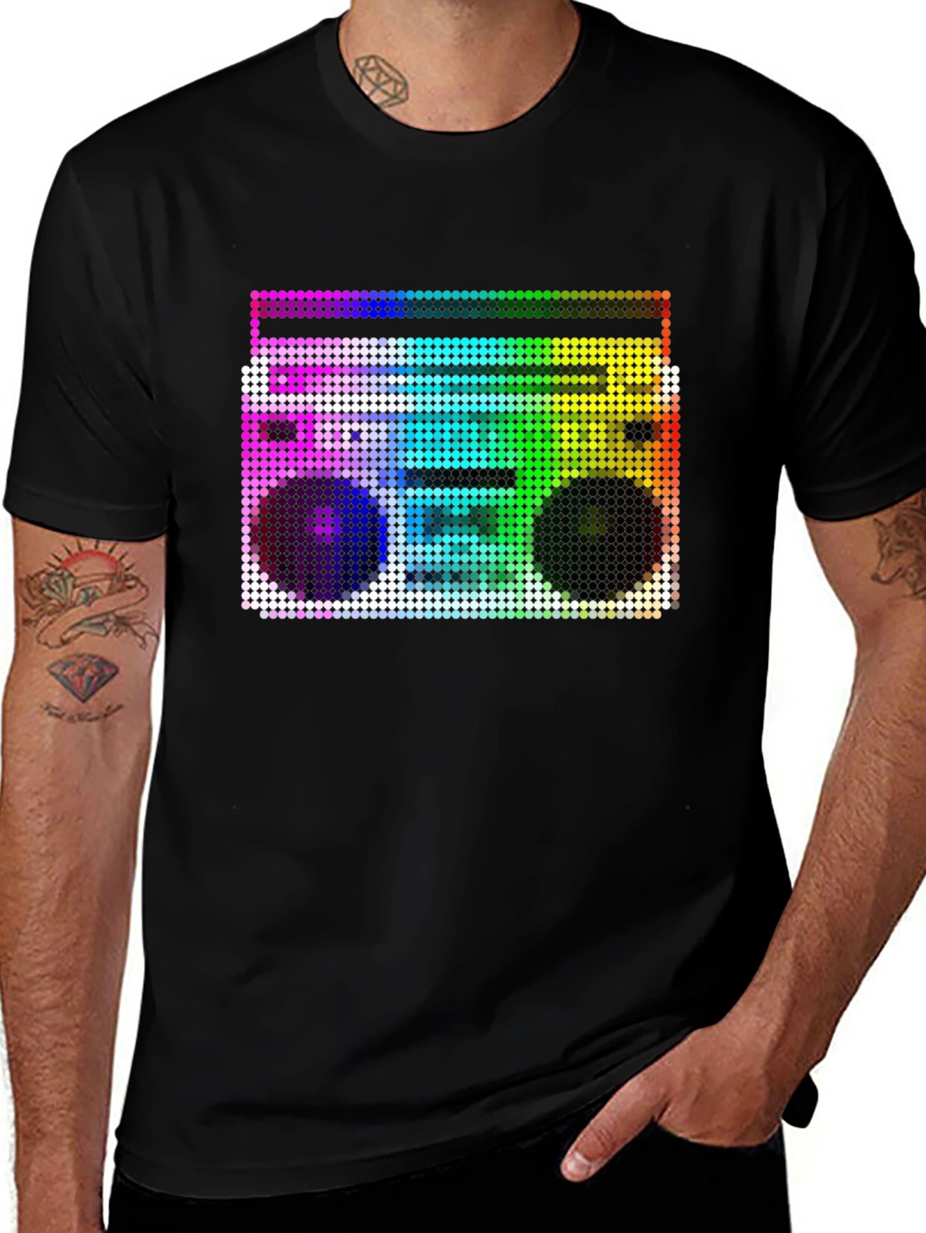 Variant 13 of Retro Boombox Dot Art Black T-Shirt