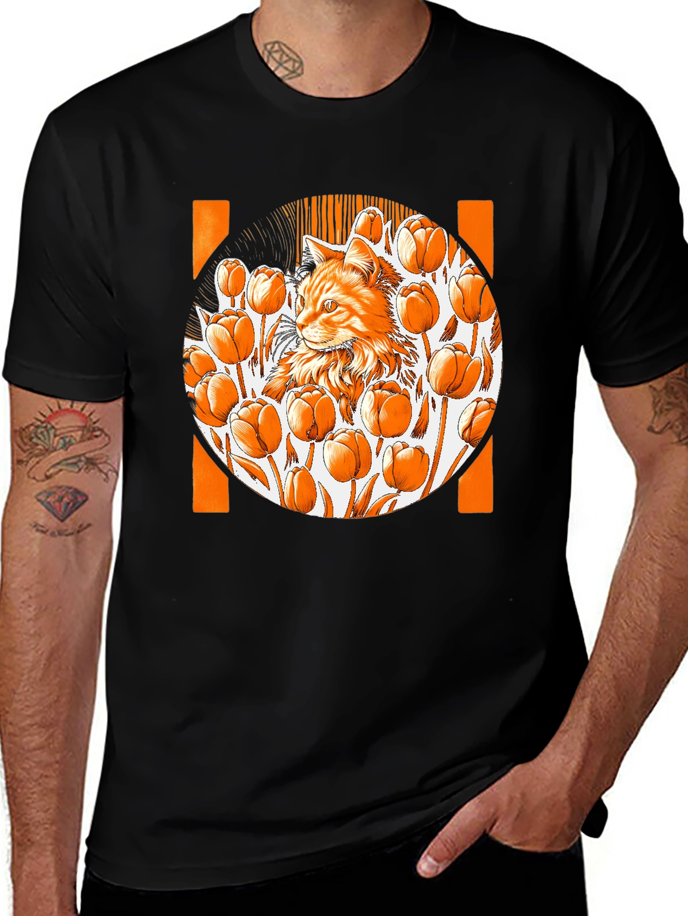 Variant 17 of Cat & Tulips Graphic Black T-Shirt - Unique Design
